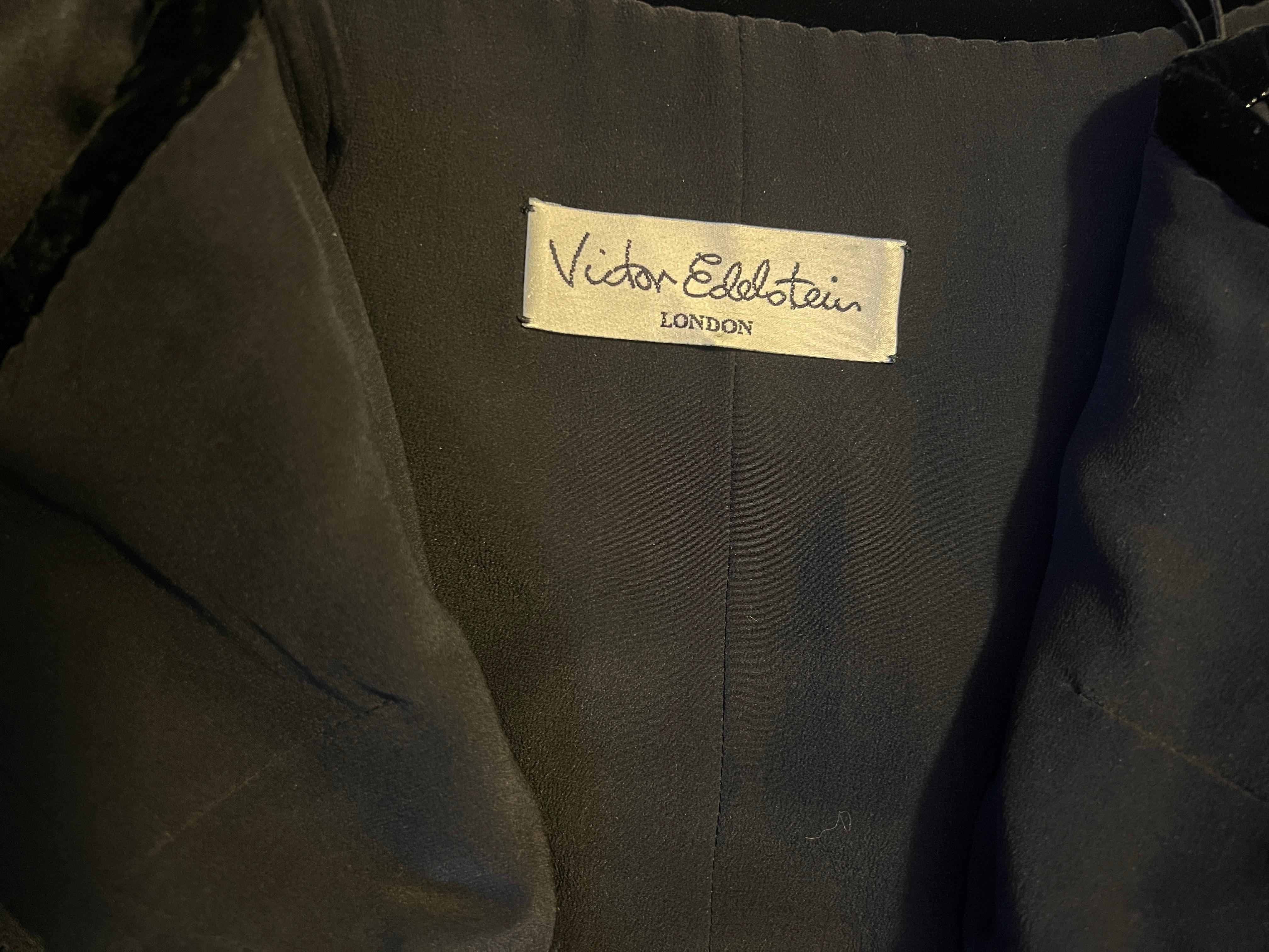 1980s Victor Edelstein Black Silk Cold Shoulder Velvet Ribbonwork Dress For Sale 2