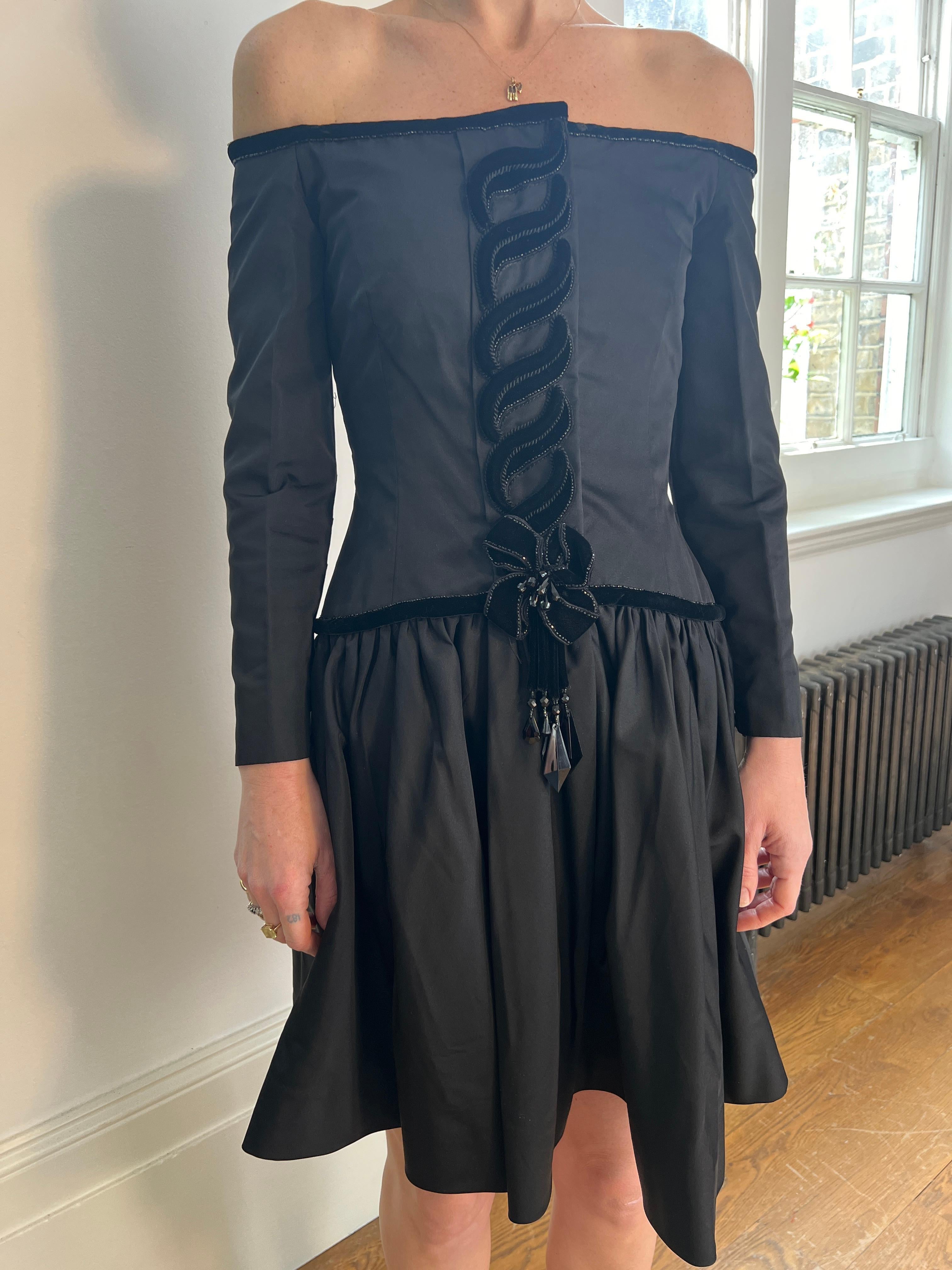 1980s Victor Edelstein Black Silk Cold Shoulder Velvet Ribbonwork Dress For Sale 3