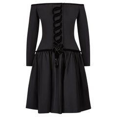 Vintage 1980s Victor Edelstein Black Silk Cold Shoulder Velvet Ribbonwork Dress