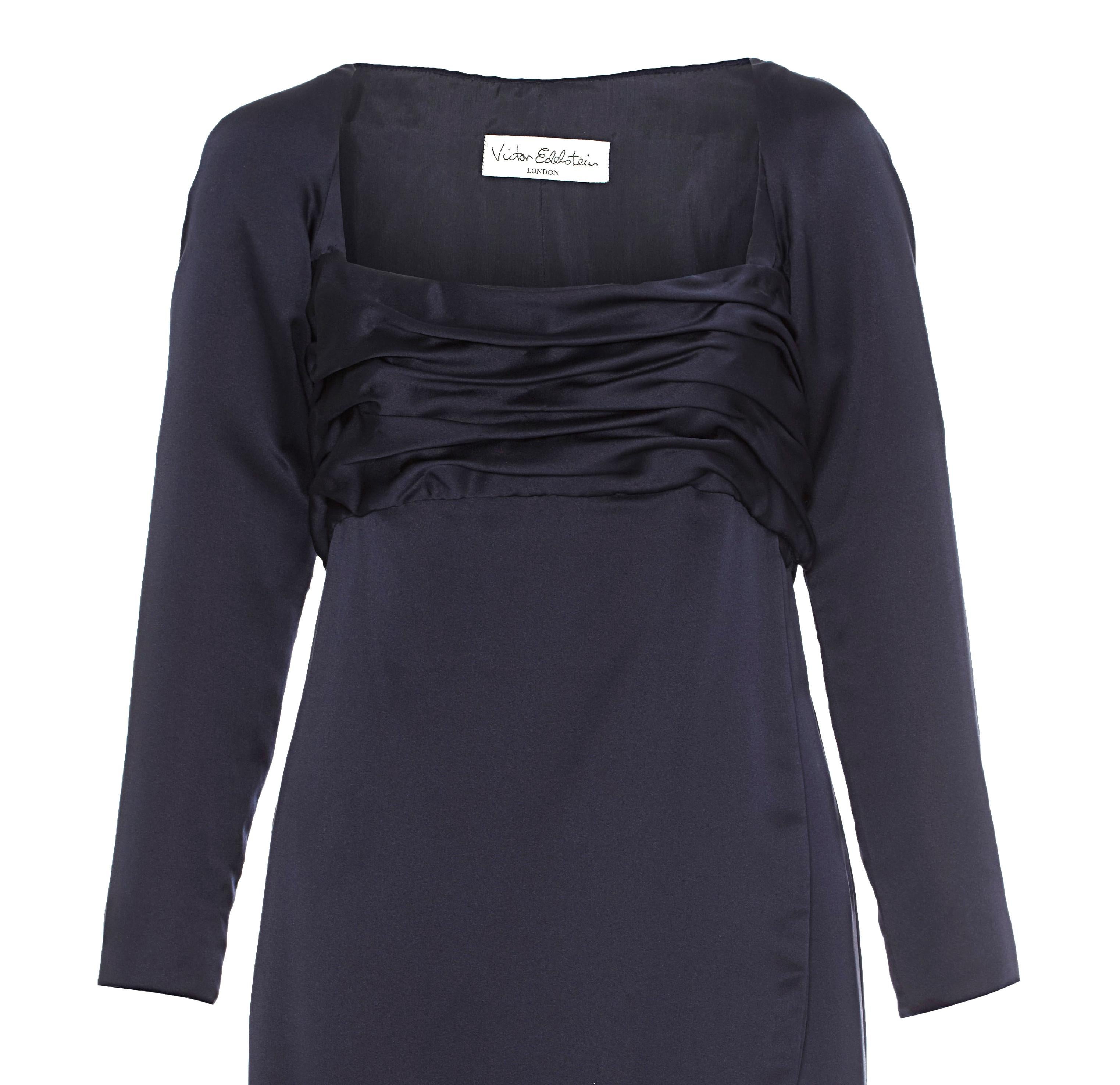Black 1980s Victor Edelstein Couture Navy Silk Dress For Sale
