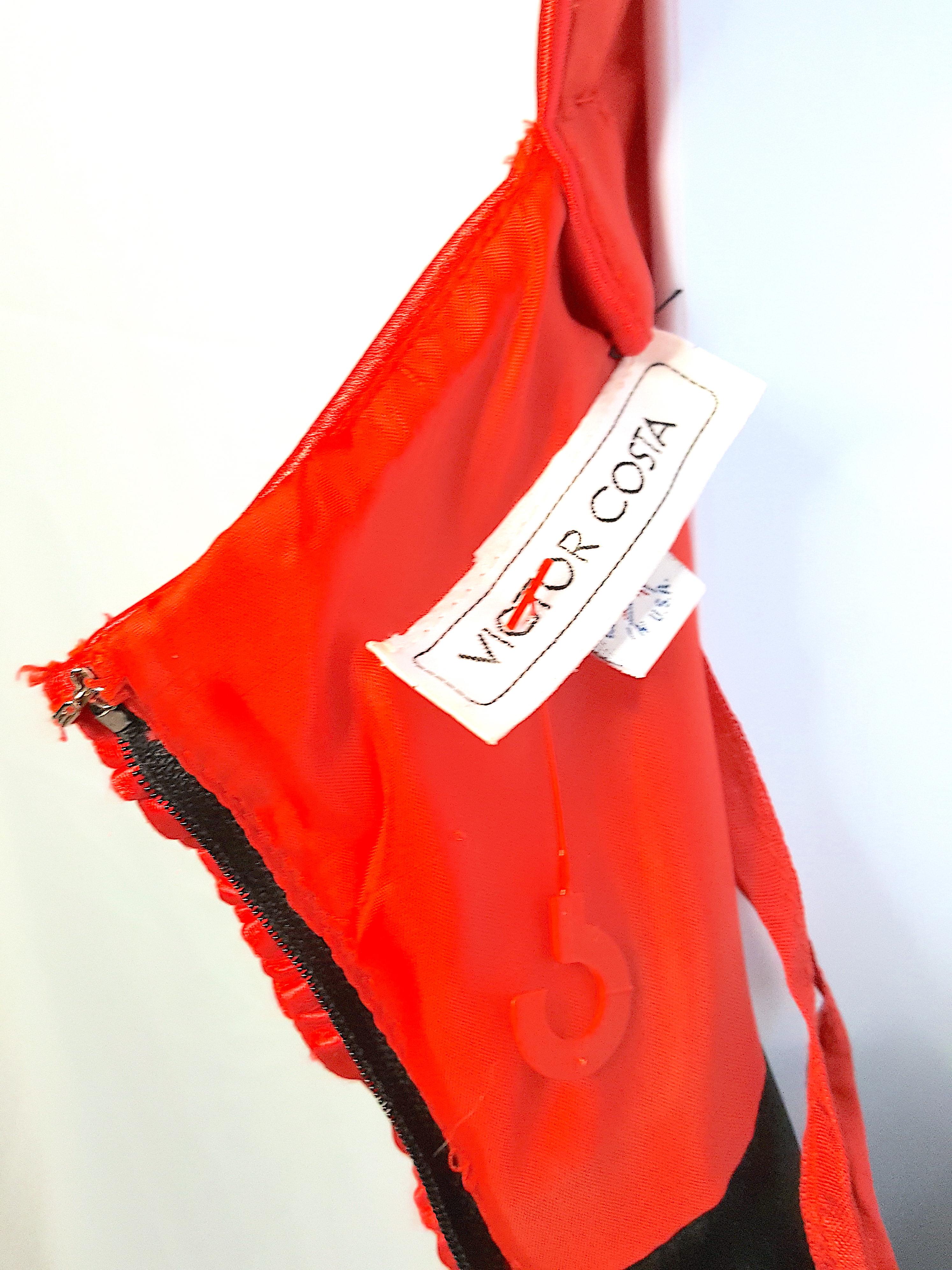 1980s VictorCosta GatheredRuched RedSatin BlackVelvet LongSlit Formal Maxi Gown For Sale 6