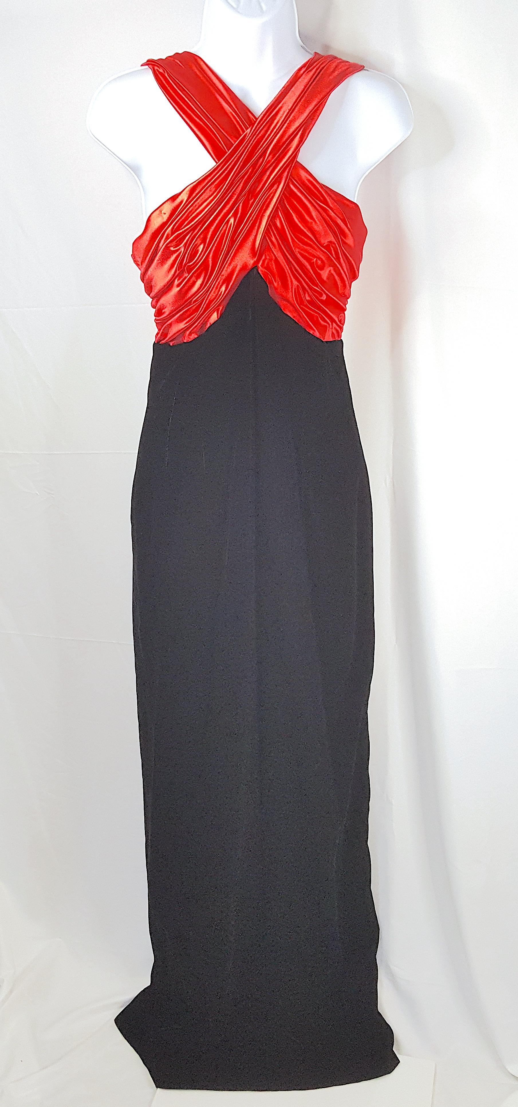 1980s VictorCosta GatheredRuched RedSatin BlackVelvet LongSlit Formal Maxi Gown For Sale 2