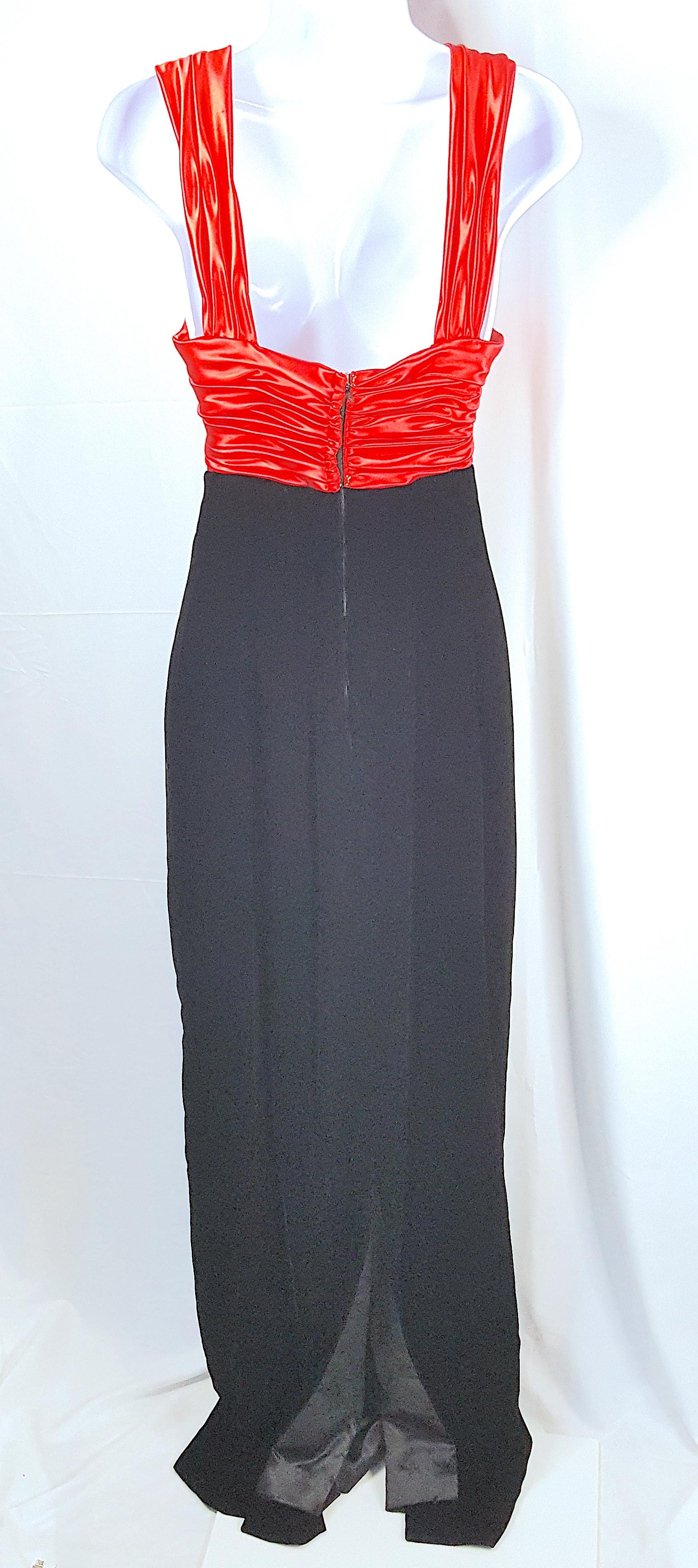 1980s VictorCosta GatheredRuched RedSatin BlackVelvet LongSlit Formal Maxi Gown For Sale 3