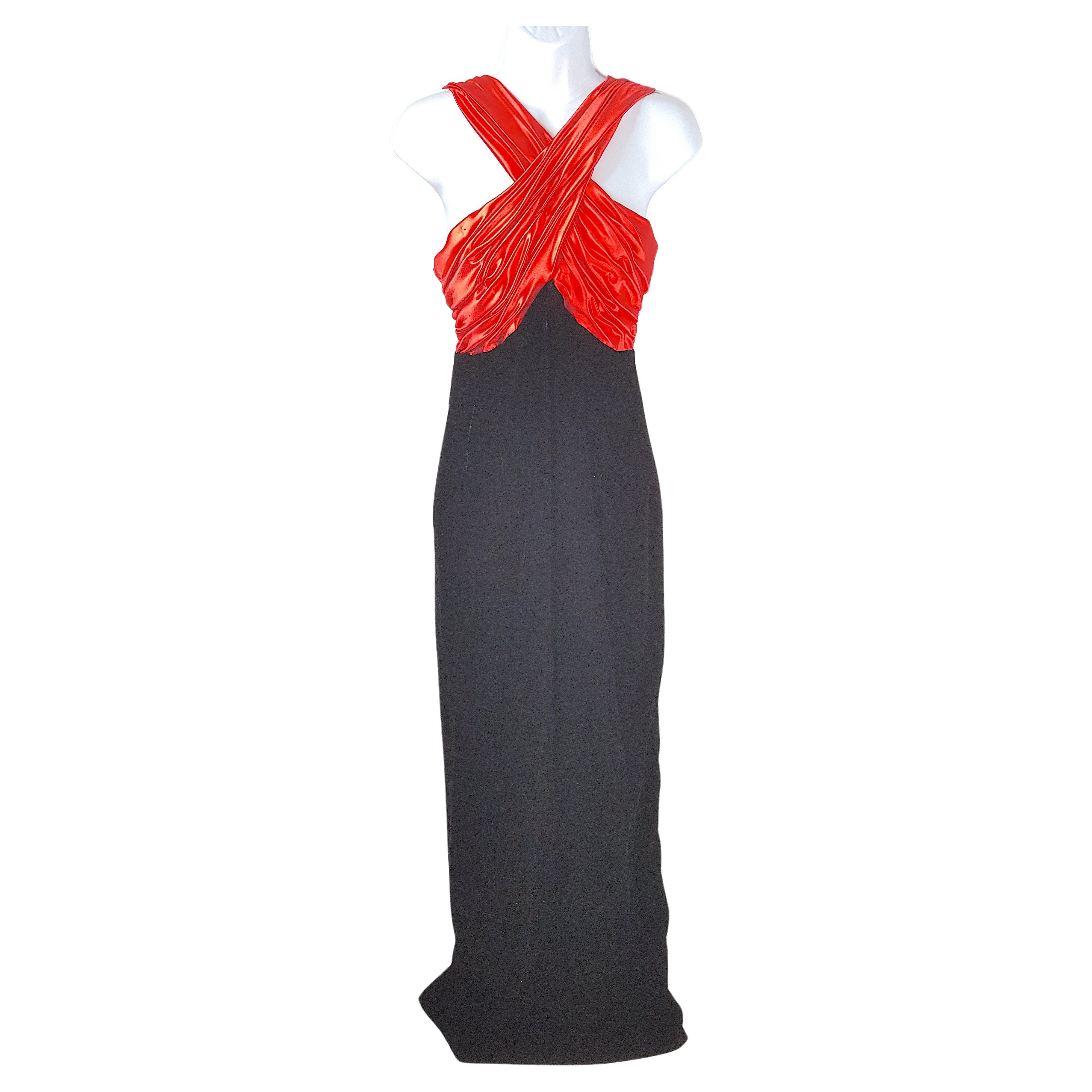 1980s VictorCosta GatheredRuched RedSatin BlackVelvet LongSlit Formal Maxi Gown For Sale