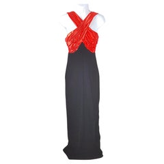 1980s VictorCosta GatheredRuched RedSatin BlackVelvet LongSlit Formal Maxi Gown
