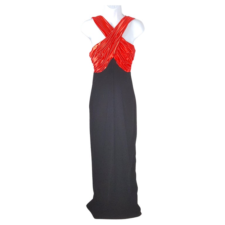 1980s Victorcosta Ruched Redsatin Black Velvet High Slit Formal Maxi Gown 1980s Victorcosta Ruched Redsatin Black Velvet High Slit Formal Maxi Gown
