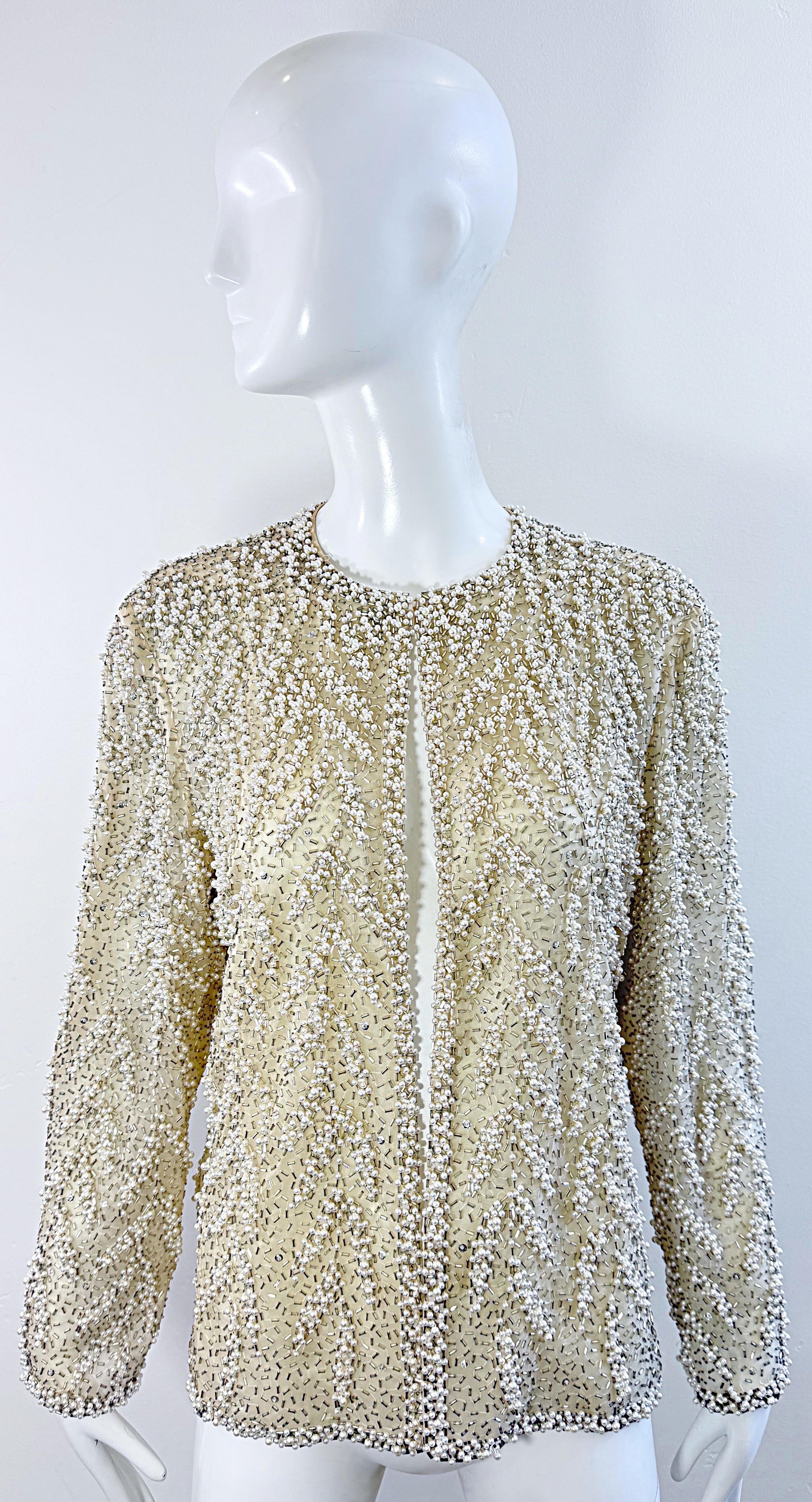 1980er Victoria Royal Größe 12 Elfenbein Seide Halbdurchsichtige Perlen Vintage Jacke im Angebot 15