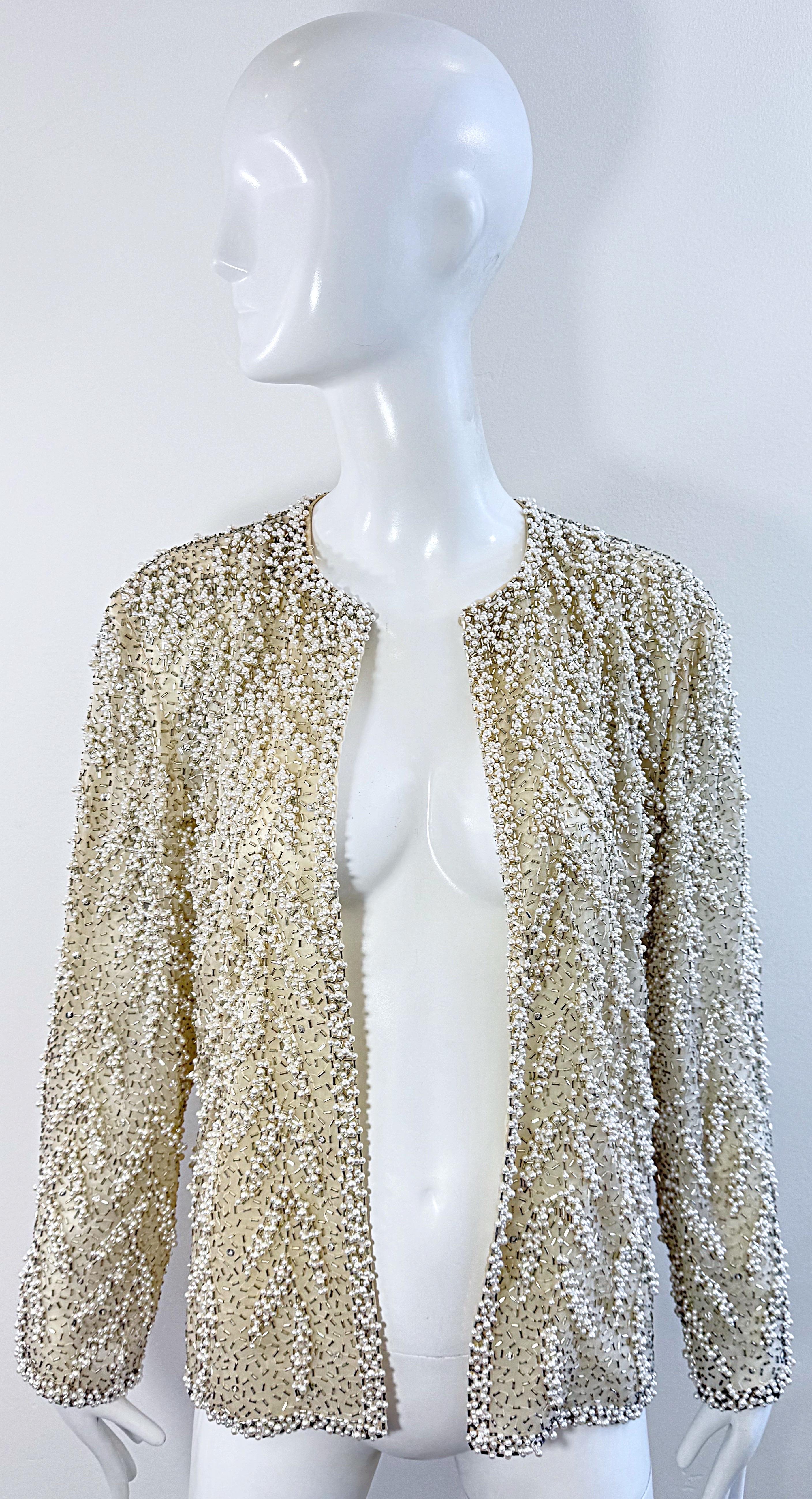 1980er Victoria Royal Größe 12 Elfenbein Seide Halbdurchsichtige Perlen Vintage Jacke im Angebot 2