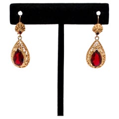 1980s Victorian Style Garnet 14k Gold Drop Earrings