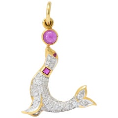 1980
s Vintage 0.80 CTW Diamond Ruby 18 Karat Two-Tone Gold Seal Charm