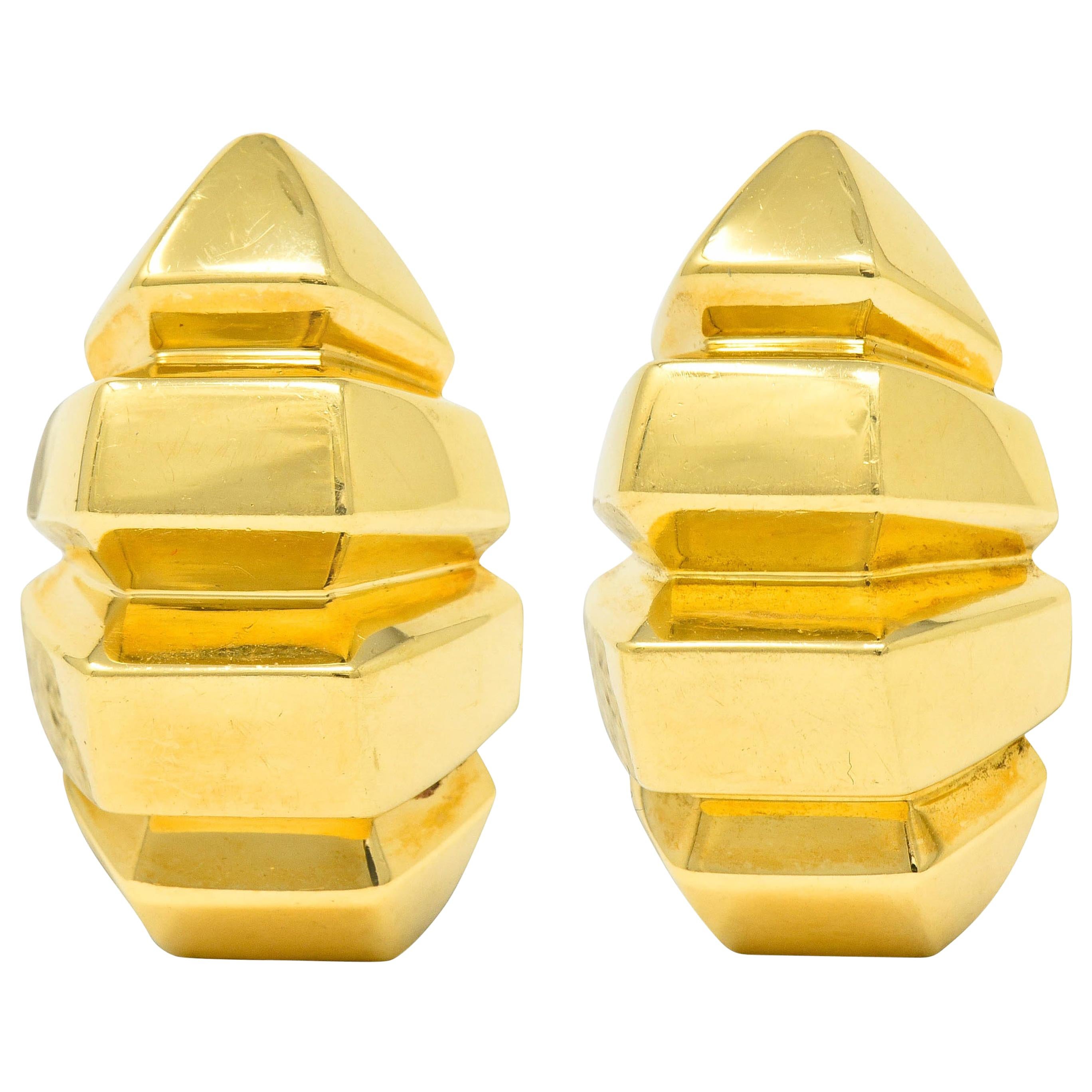 1980s Vintage 18 Karat Gold Deeply Ridged Ear-Clip Earrings