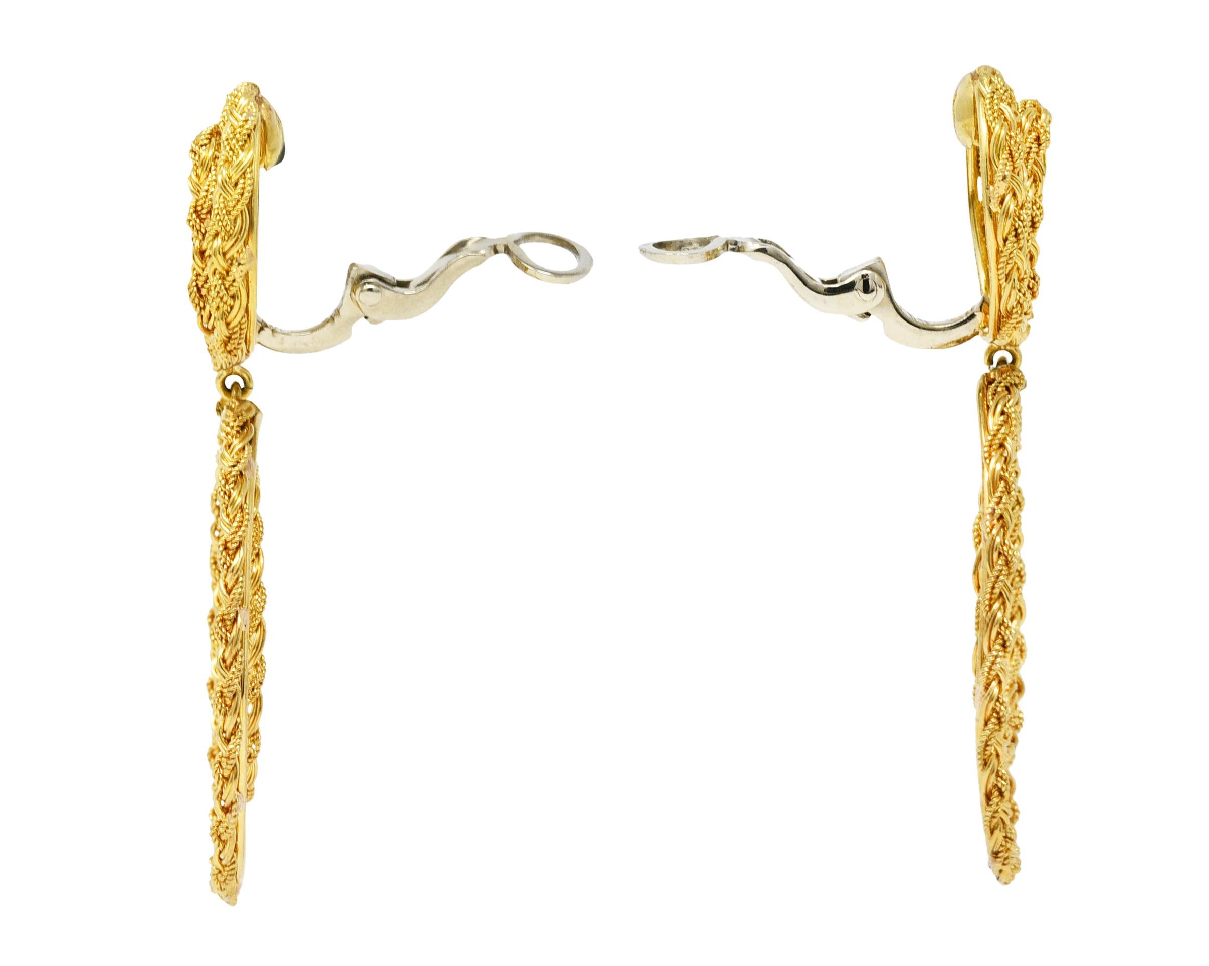 Contemporary 1980's Vintage 18 Karat Yellow Gold Braided Doorknocker Ear-Clip Earrings