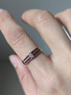 1980s Vintage 18k Gold Natural Ruby Diamond Square Channel Ring Two Row N / 6.75