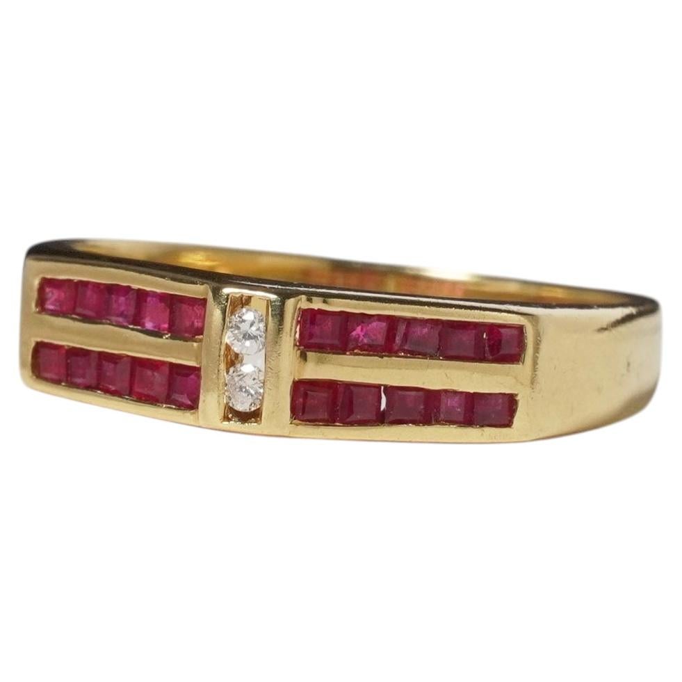 1980s Vintage 18k Gold Natural Ruby Diamond Square Channel Ring Two Row N / 6.75