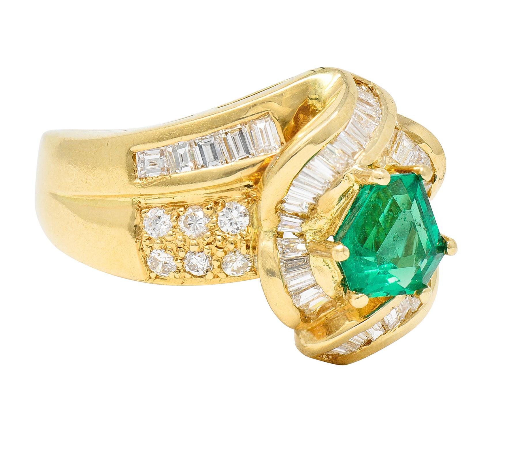 Contemporary 1980's Vintage 2.09 Carats Colombian Emerald Diamond 18 Karat Gold Ring