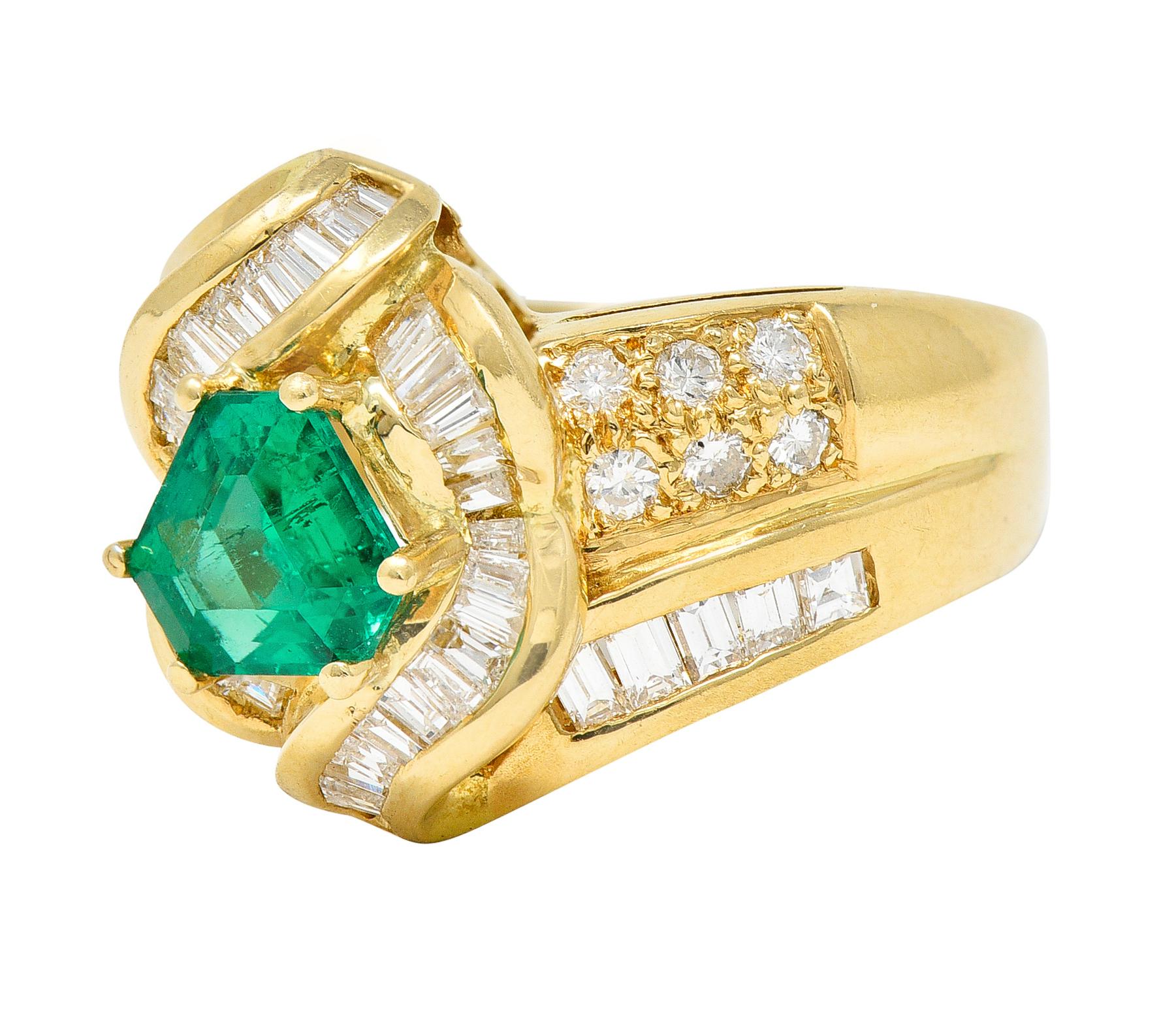 1980's Vintage 2.09 Carats Colombian Emerald Diamond 18 Karat Gold Ring 1