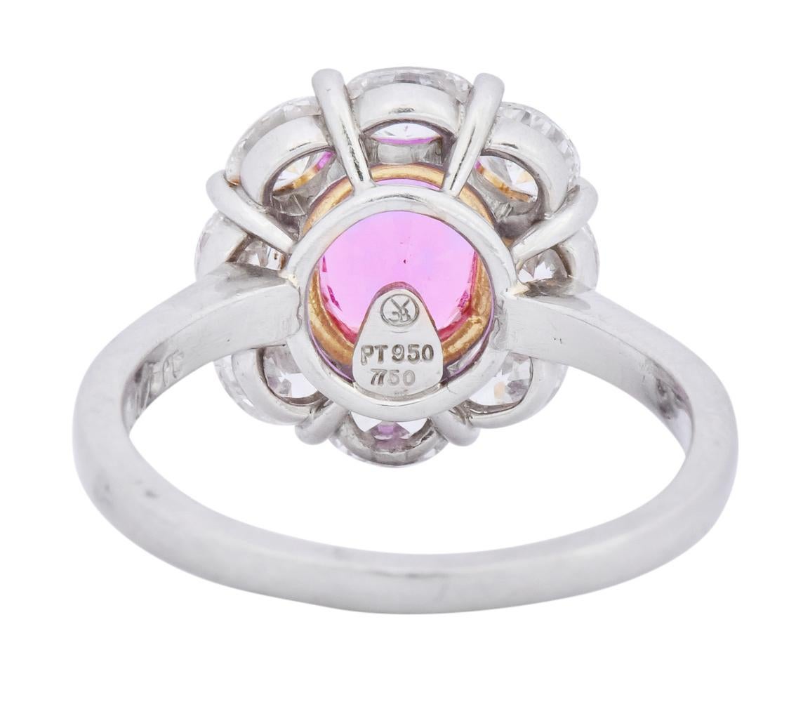 Oval Cut 1980s Vintage 4.25 Carat Pink Sapphire Diamond Platinum Cluster Ring