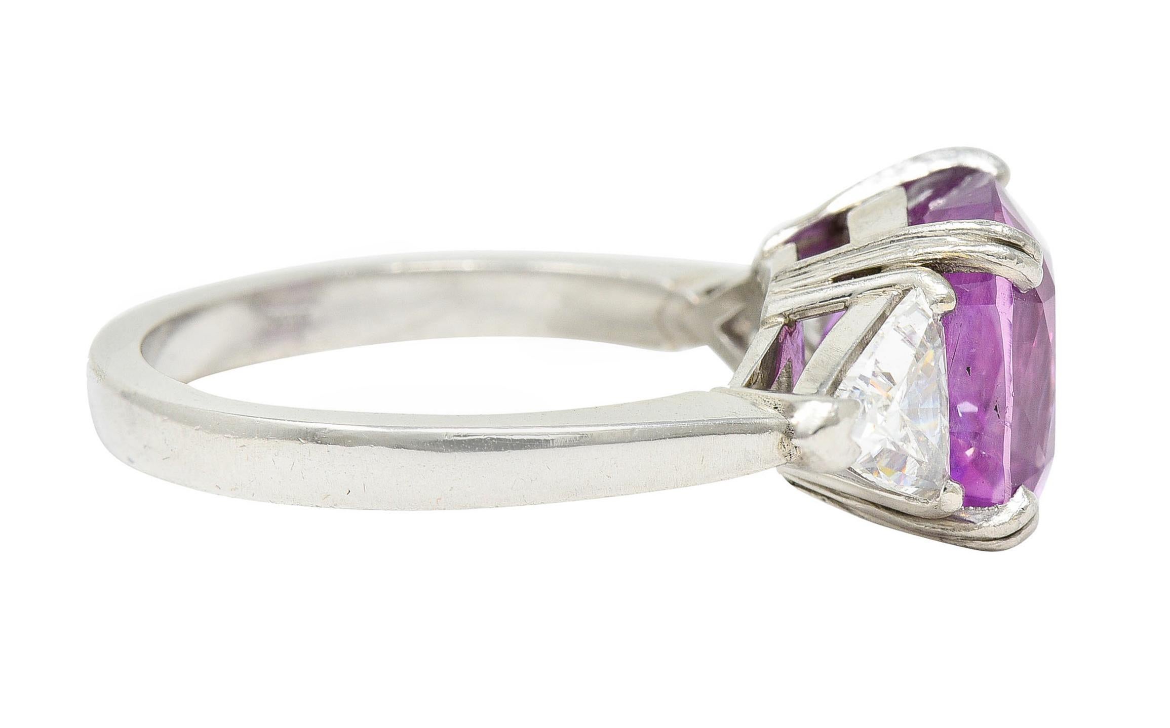 Contemporary 1980's Vintage 6.20 Carats Pink Sapphire Diamond Platinum Three Stone Ring