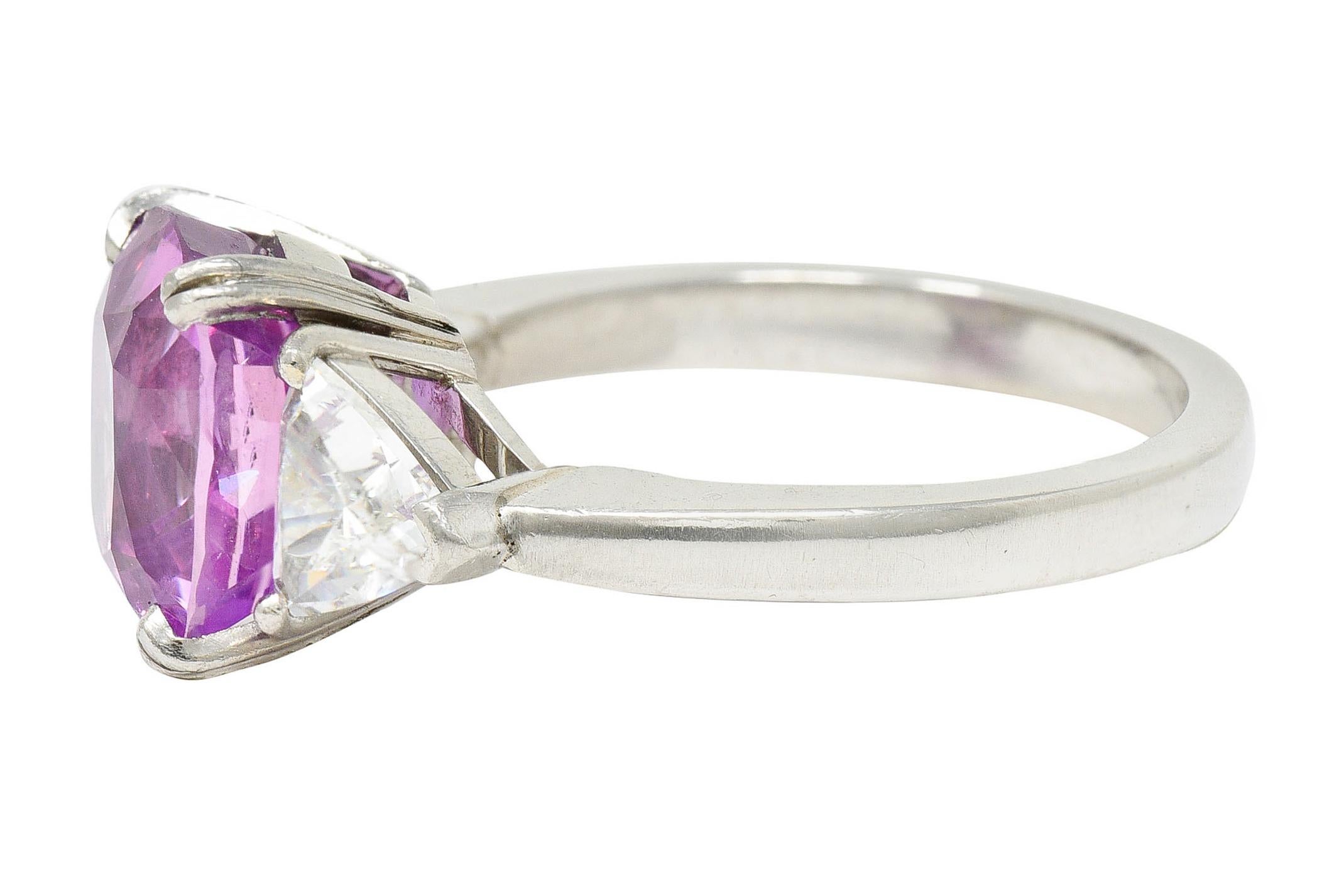 1980's Vintage 6.20 Carats Pink Sapphire Diamond Platinum Three Stone Ring In Excellent Condition In Philadelphia, PA