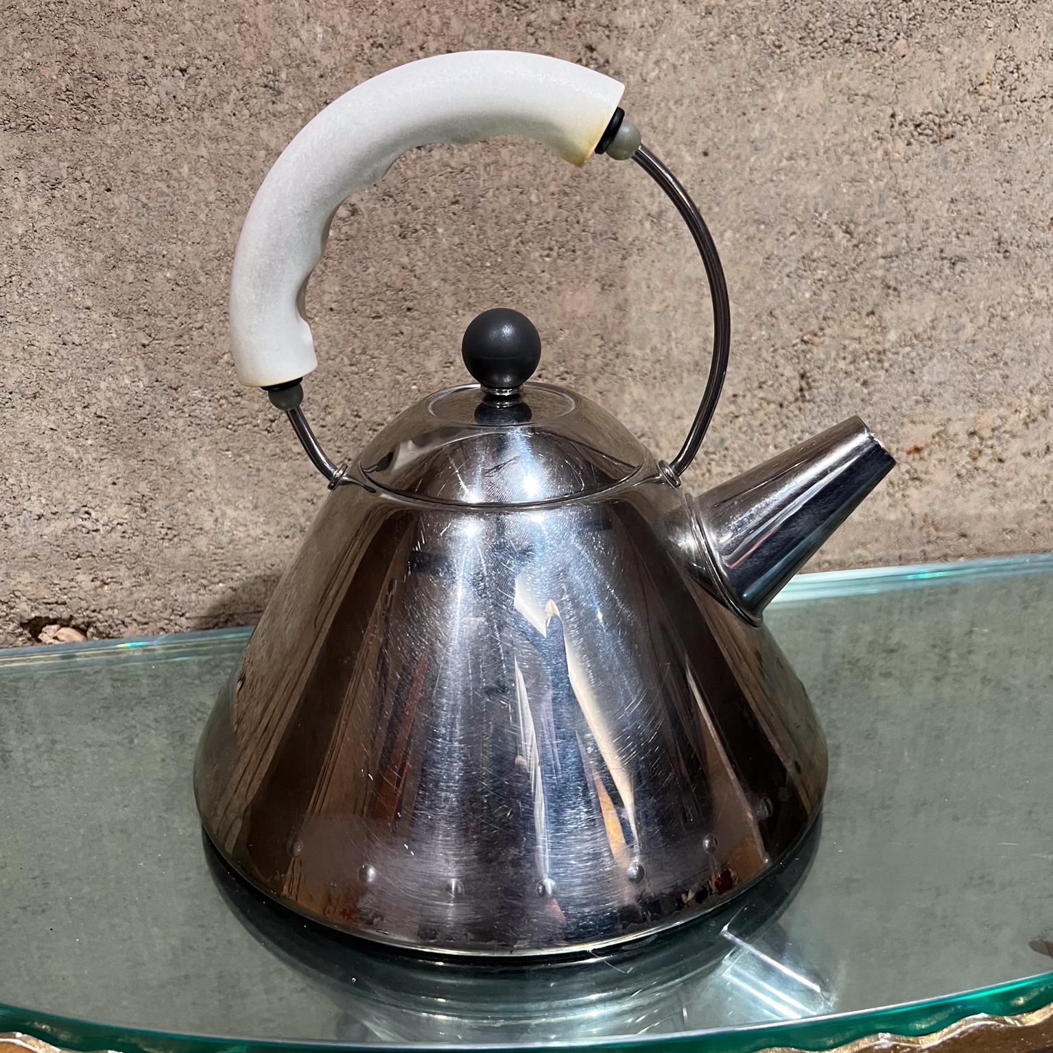1980s Vintage Alessi Tea Kettle Stainless and White Italy For Sale 7
