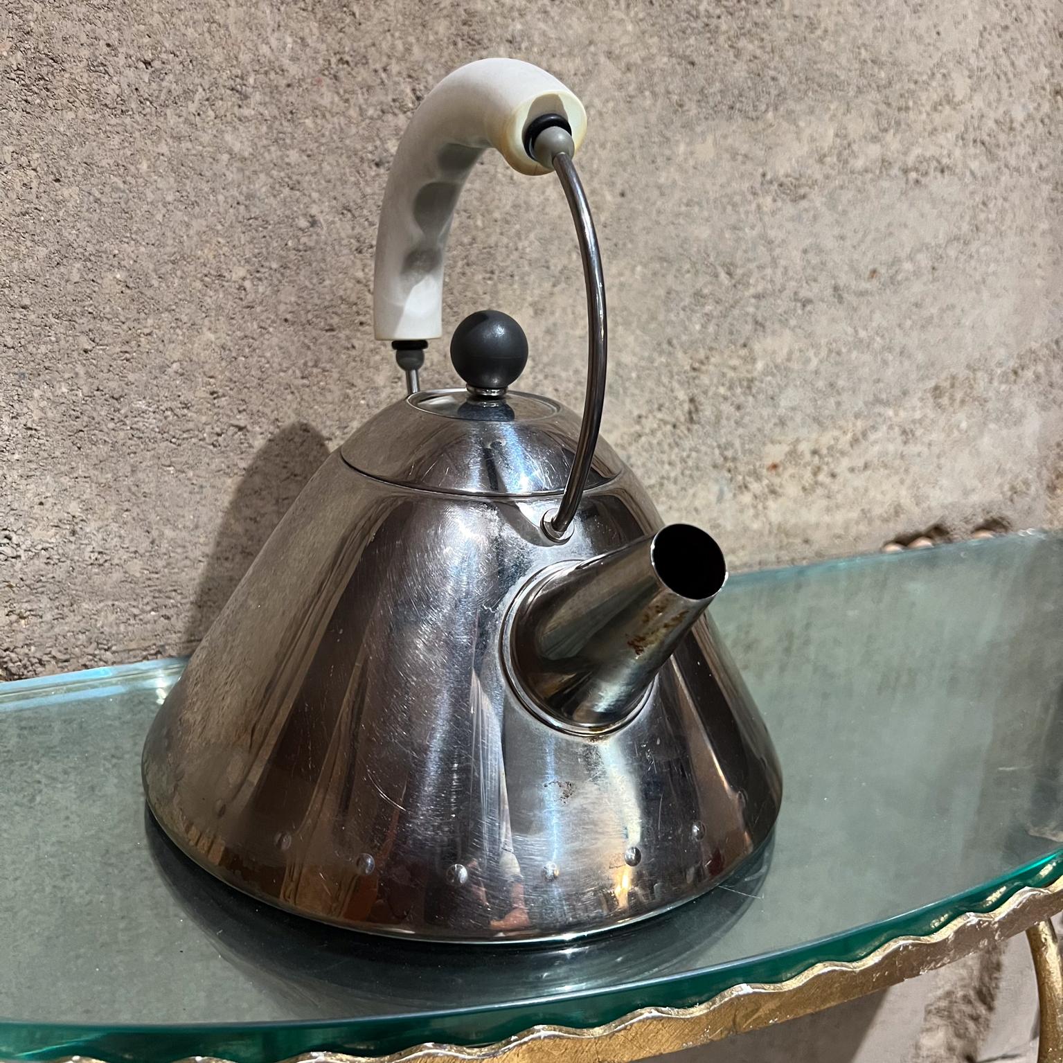 Italian 1980s Vintage Alessi Tea Kettle Stainless and White Italy For Sale