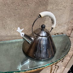1980s Vintage Alessi Tea Kettle Stainless and White Italy