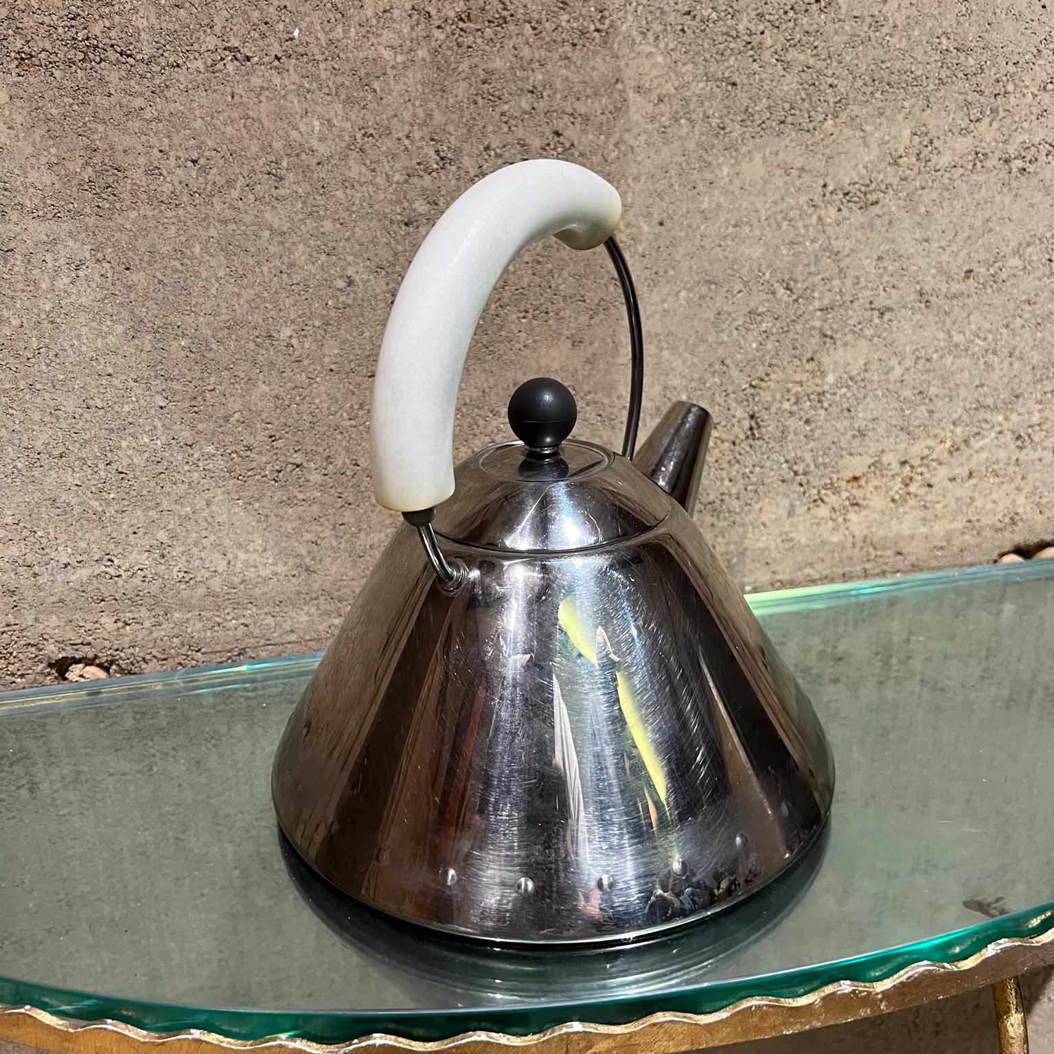 Late 20th Century 1980s Vintage Alessi Tea Kettle Stainless and White Italy For Sale
