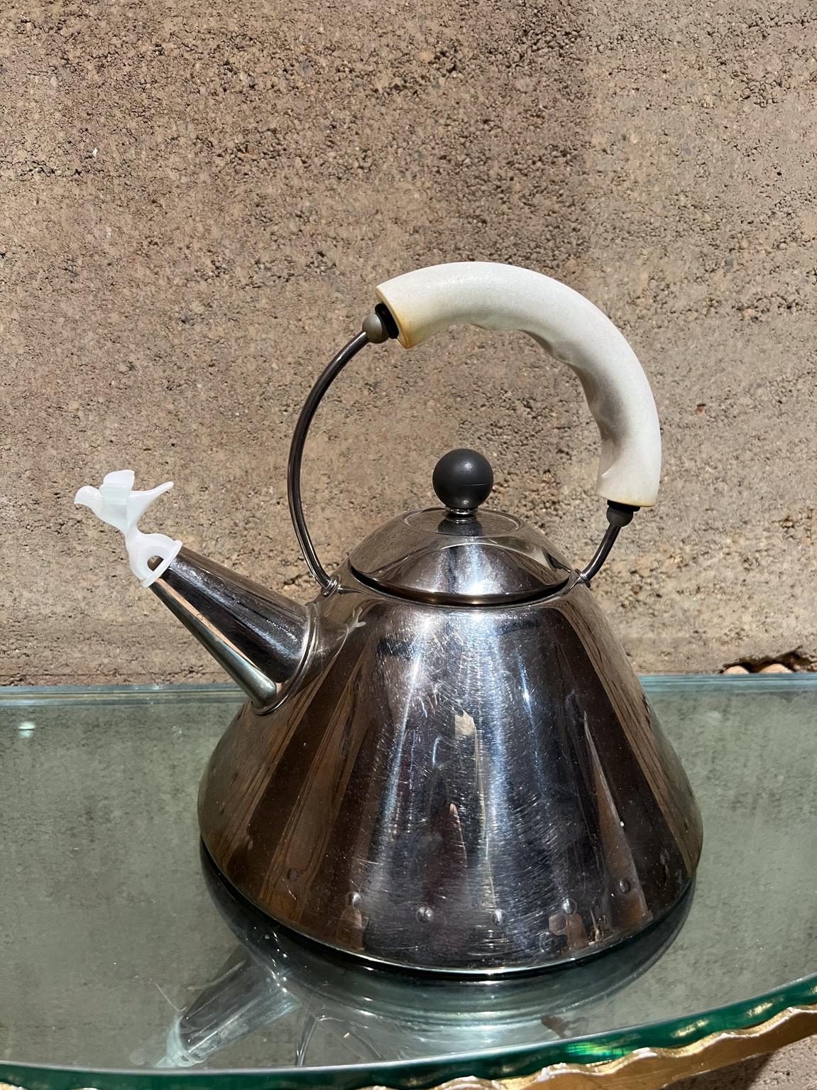 1980s Vintage Alessi Tea Kettle Stainless and White Italy In Fair Condition For Sale In Chula Vista, CA