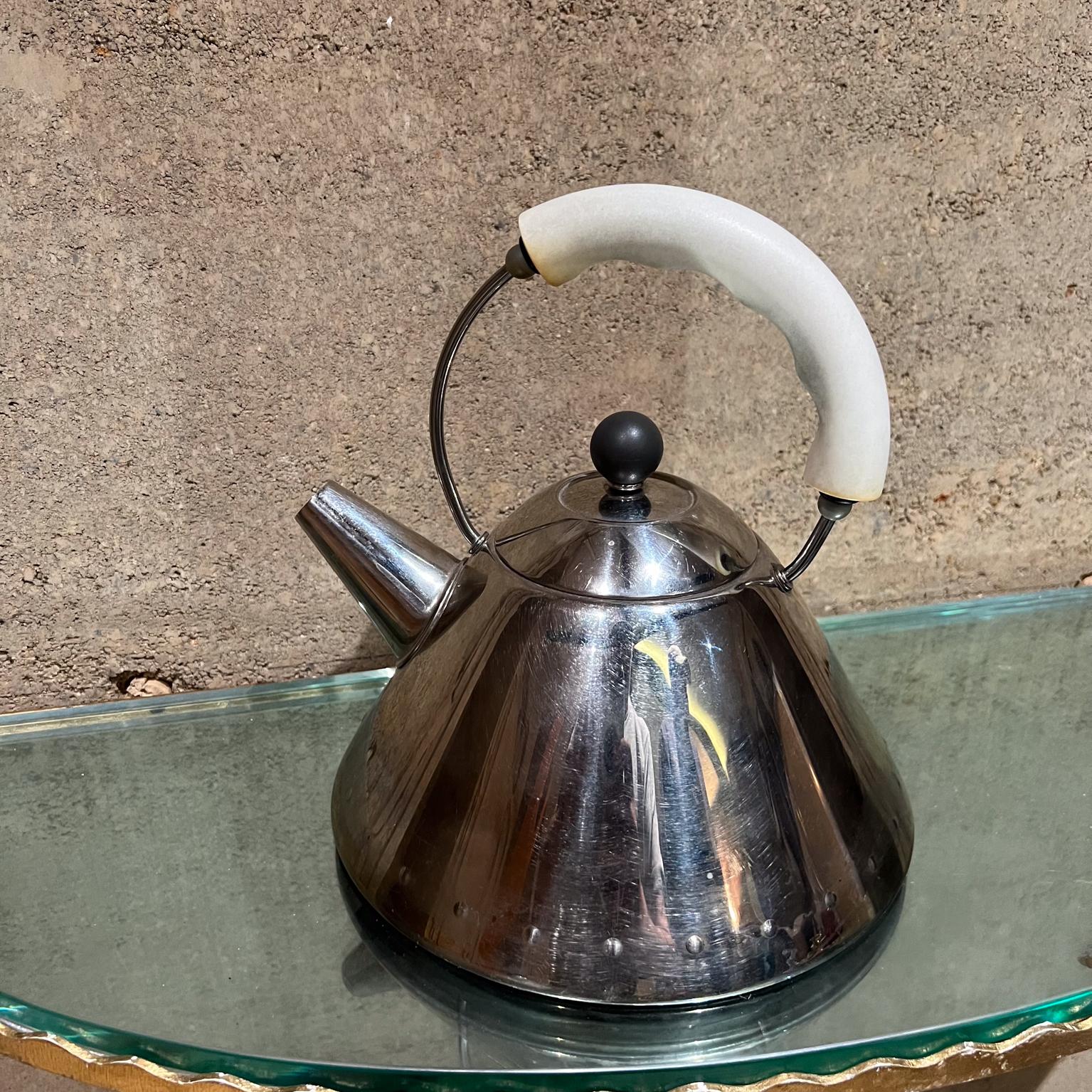 1980s Vintage Alessi Tea Kettle Stainless and White Italy For Sale 1