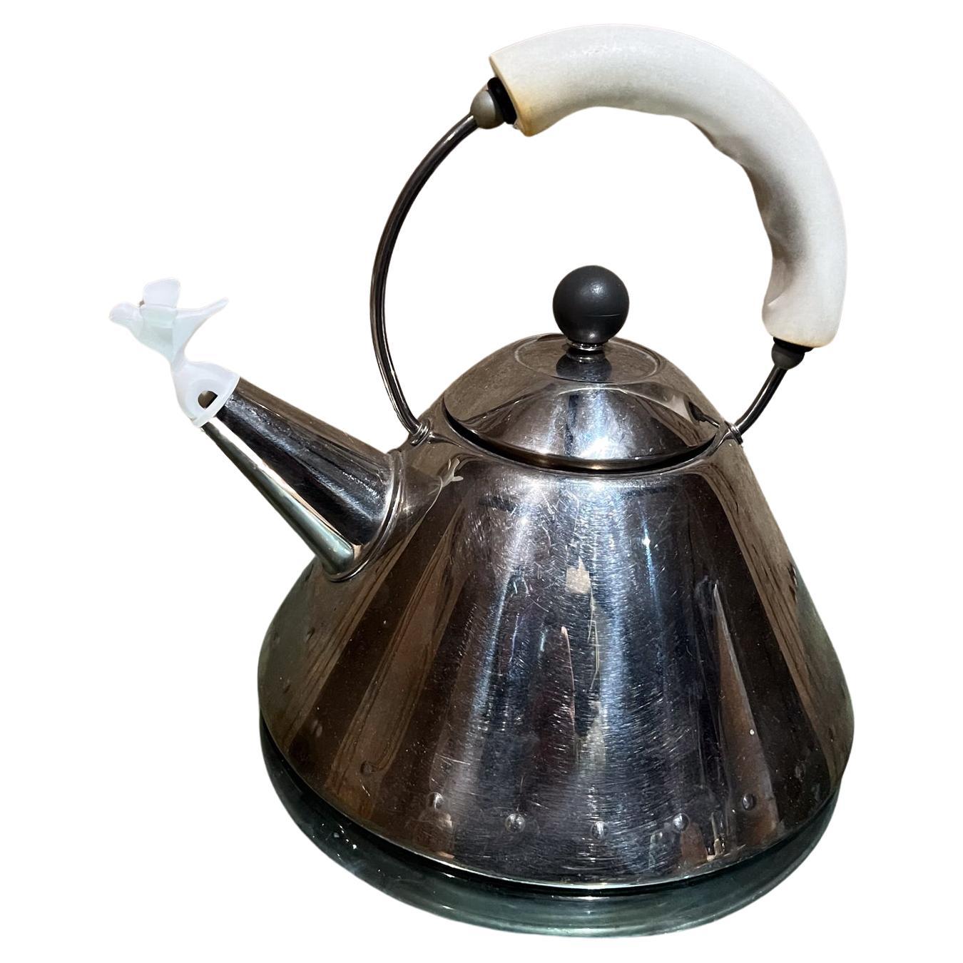 1980s Vintage Alessi Tea Kettle Stainless and White Italy For Sale