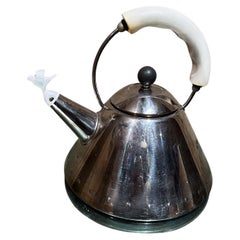 1980s Vintage Alessi Tea Kettle Stainless and White Italy