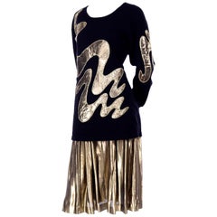 1980s Vintage Angora Abstract Applique Sweater Top & Gold Lame Metallic Skirt