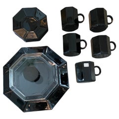 1980s Vintage Arcoroc Black Glass Domed Cake Plate and Five Cups and Saucers