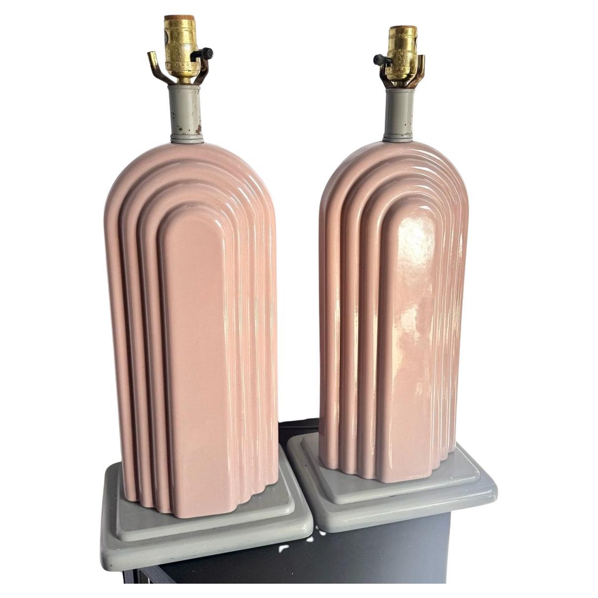 1980s Vintage Art Deco Draped Pink Ceramic Table Lamps - A Pair For Sale