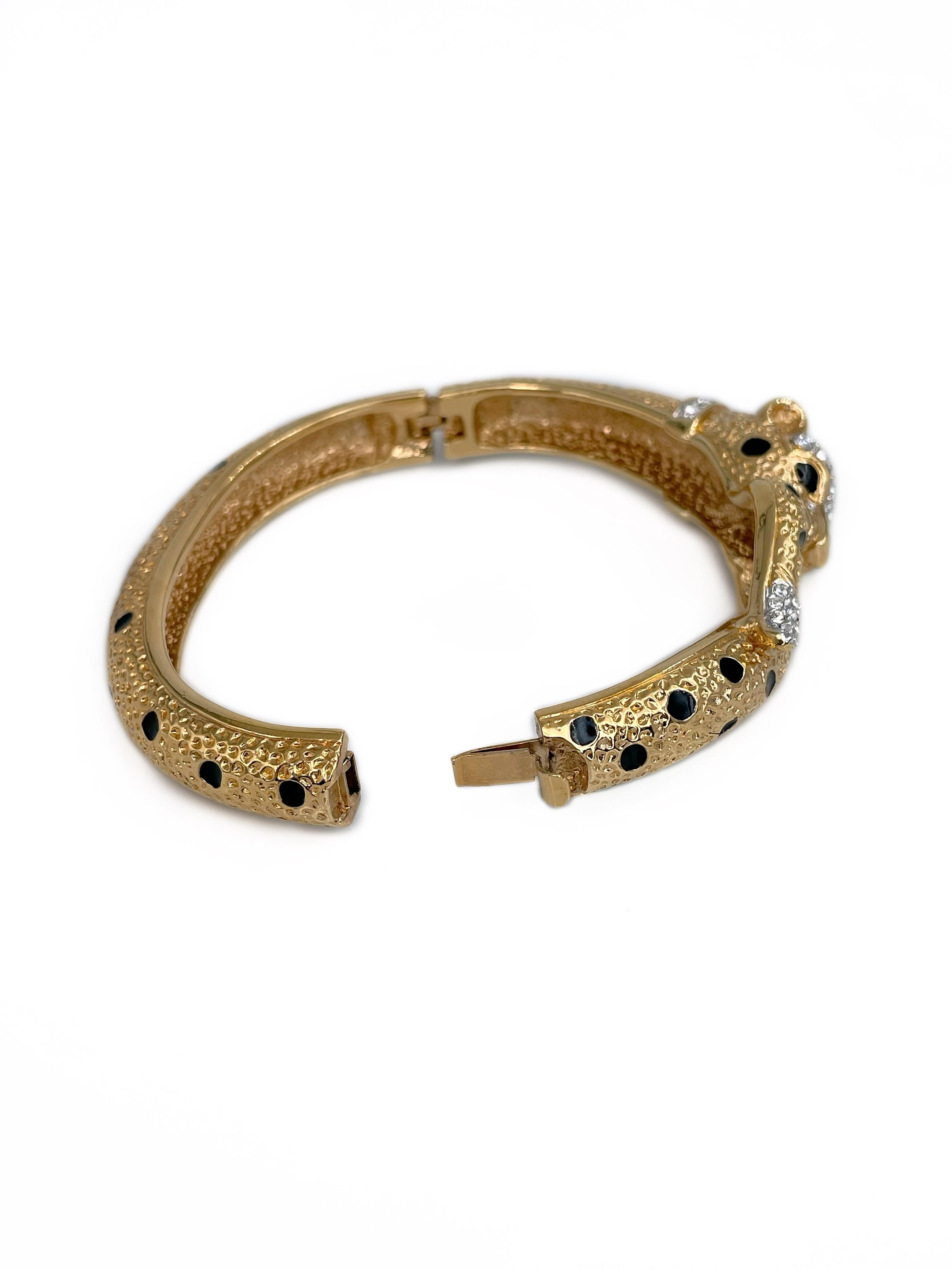 Modern 1980s Vintage Attwood & Sawyer Gold Tone Enamel Crystal Leopard Bangle Bracelet