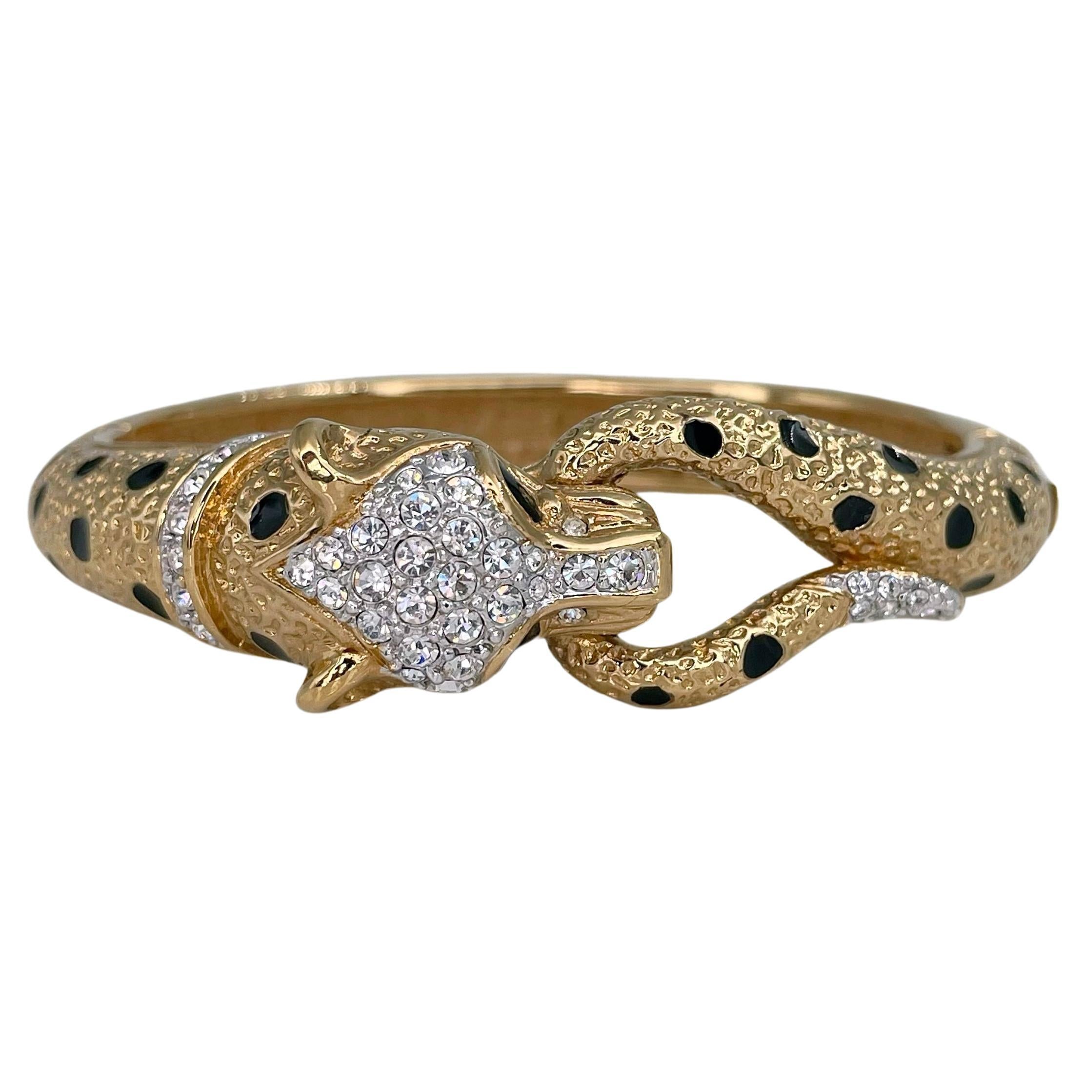 1980s Vintage Attwood & Sawyer Gold Tone Enamel Crystal Leopard Bangle Bracelet