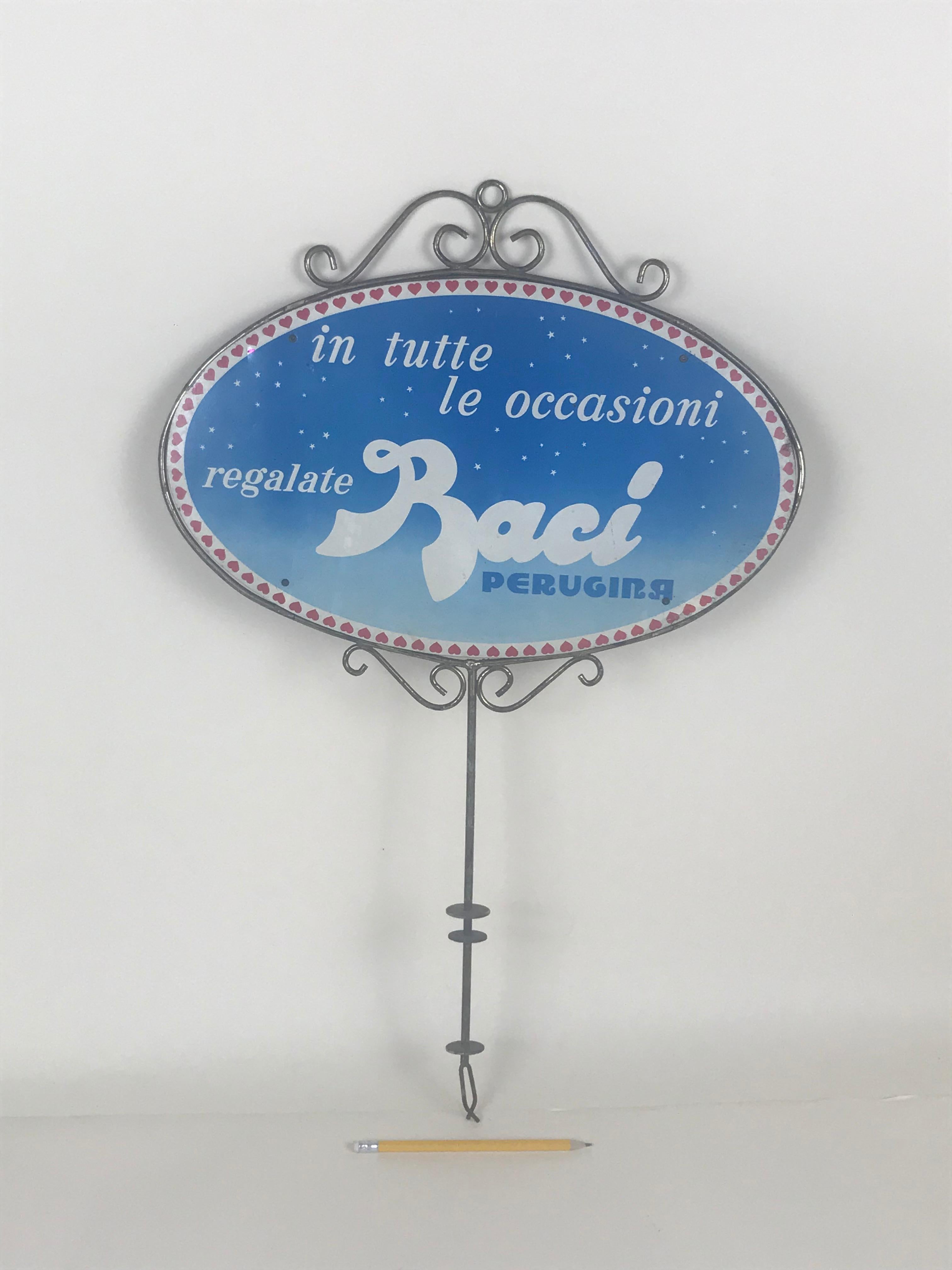 Mid-Century Modern 1980s Vintage Baci Perugina Screen Printed Double-Sided Oval Sign