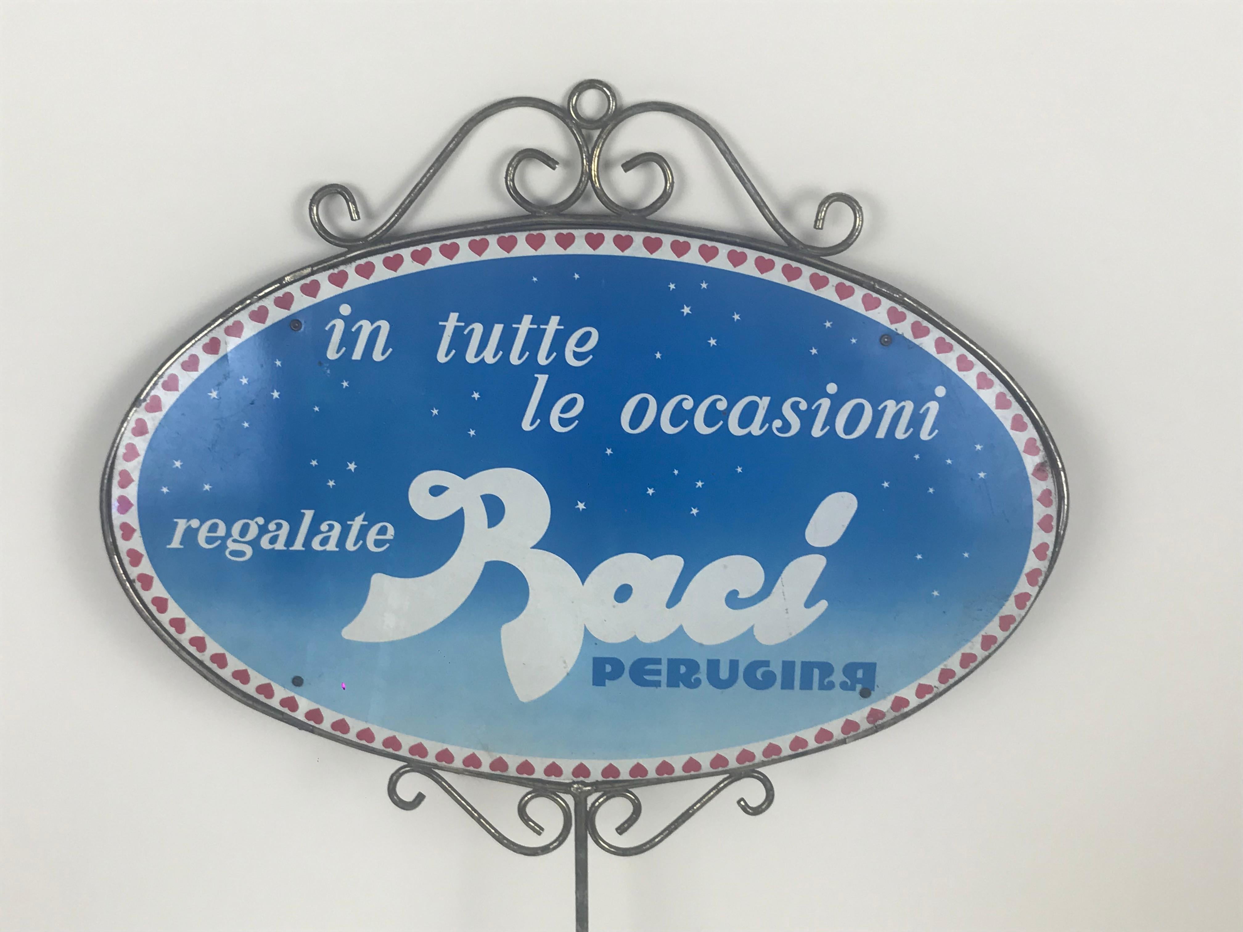 Italian 1980s Vintage Baci Perugina Screen Printed Double-Sided Oval Sign