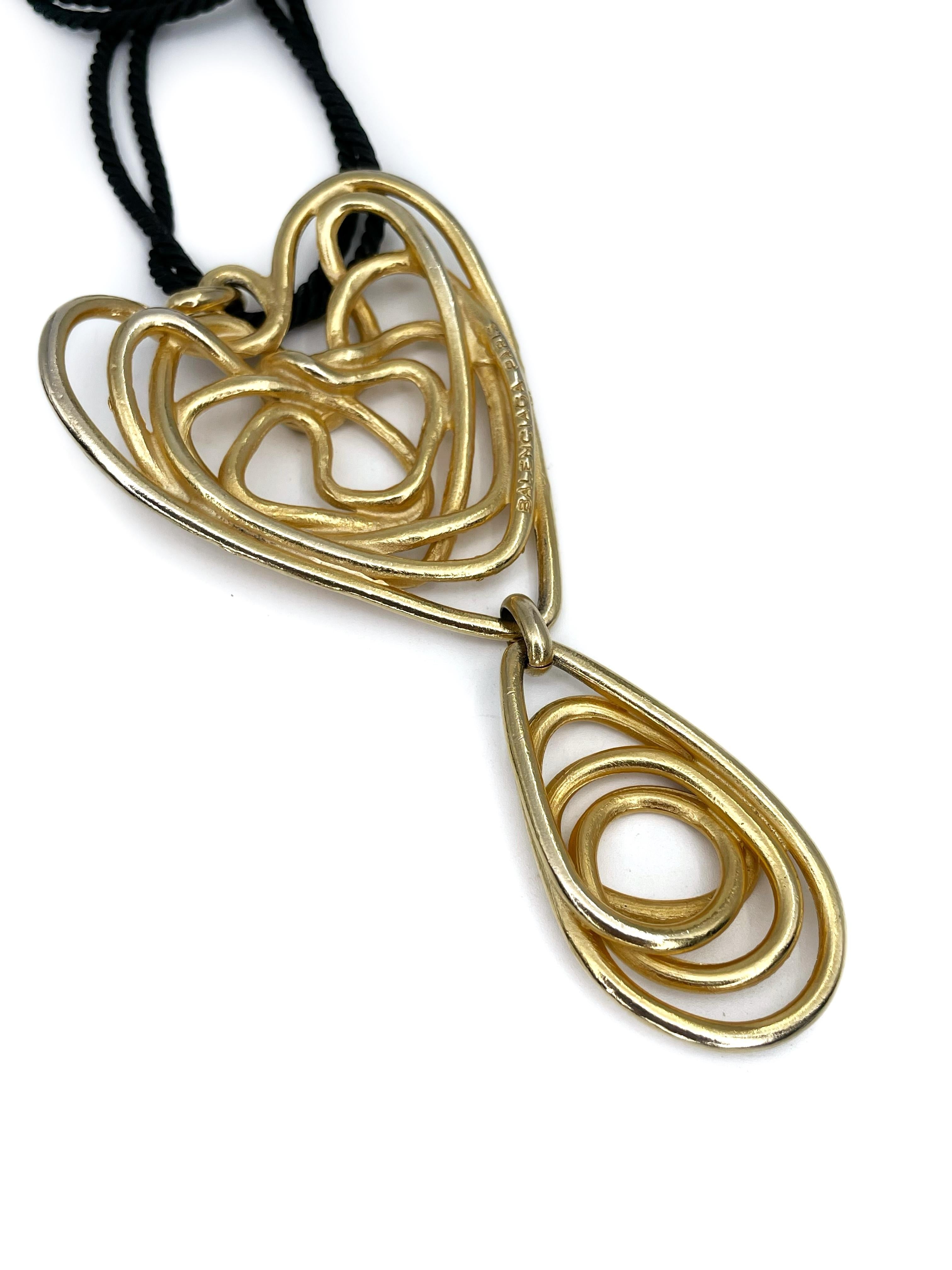 Modern 1980s Vintage Balenciaga Gold Tone Wired Heart Black Rope Necklace