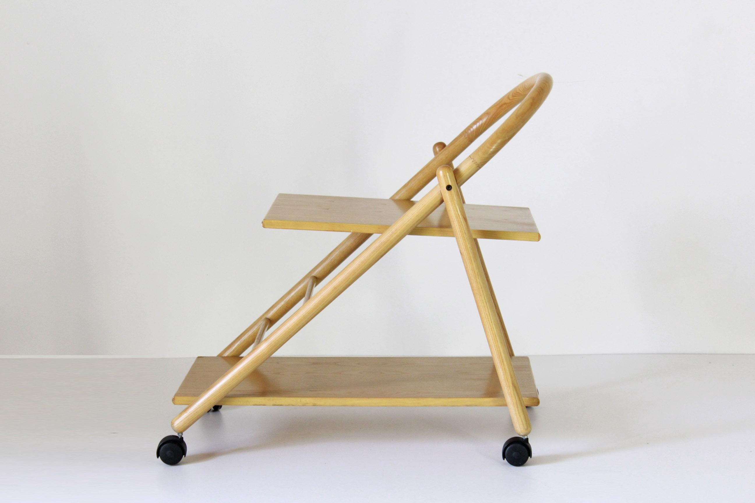 Mid-Century Modern Vintage Bar Cart with Solid Wood Structure and Wheels, Italy 1980s For Sale