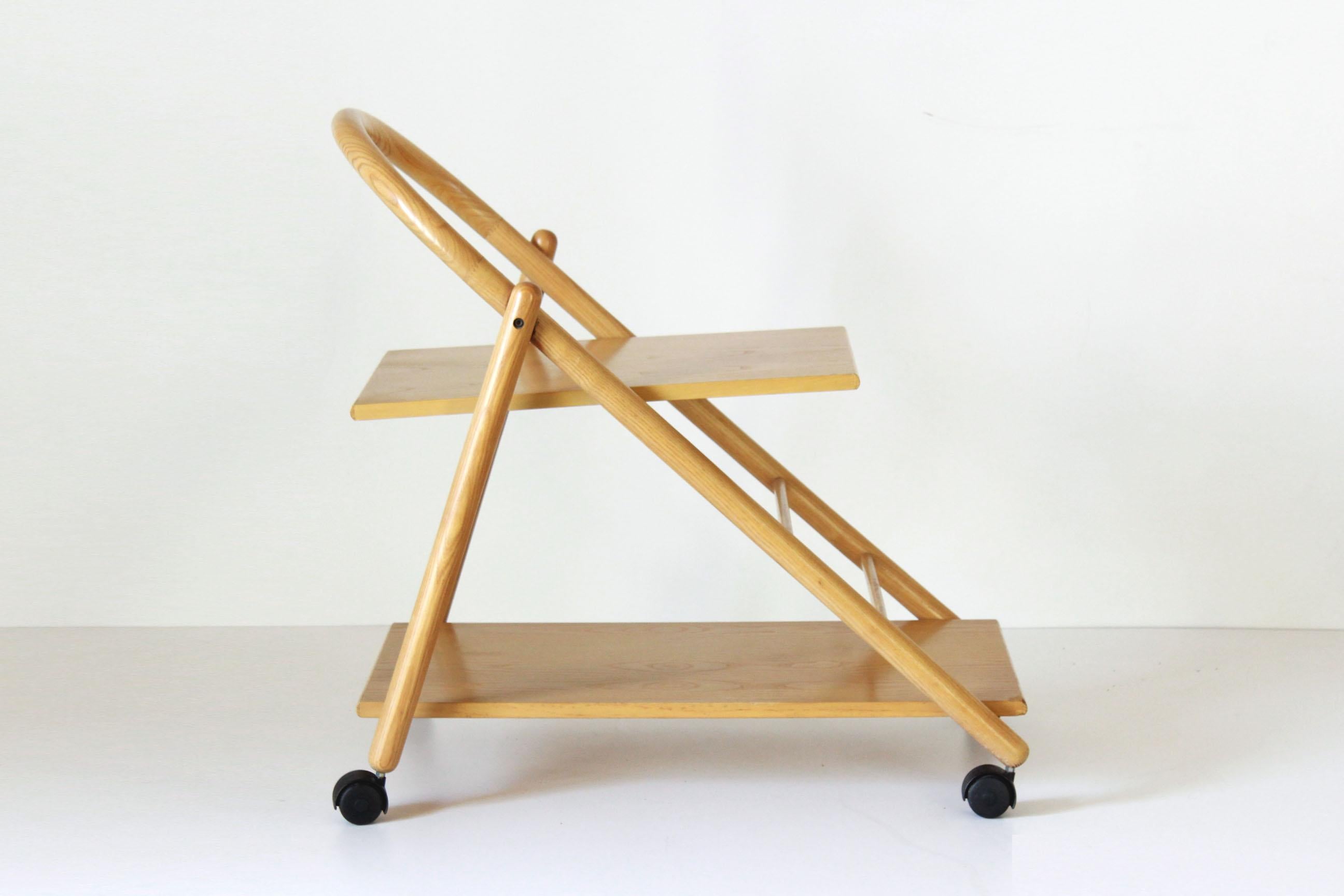 Italian Vintage Bar Cart with Solid Wood Structure and Wheels, Italy 1980s For Sale