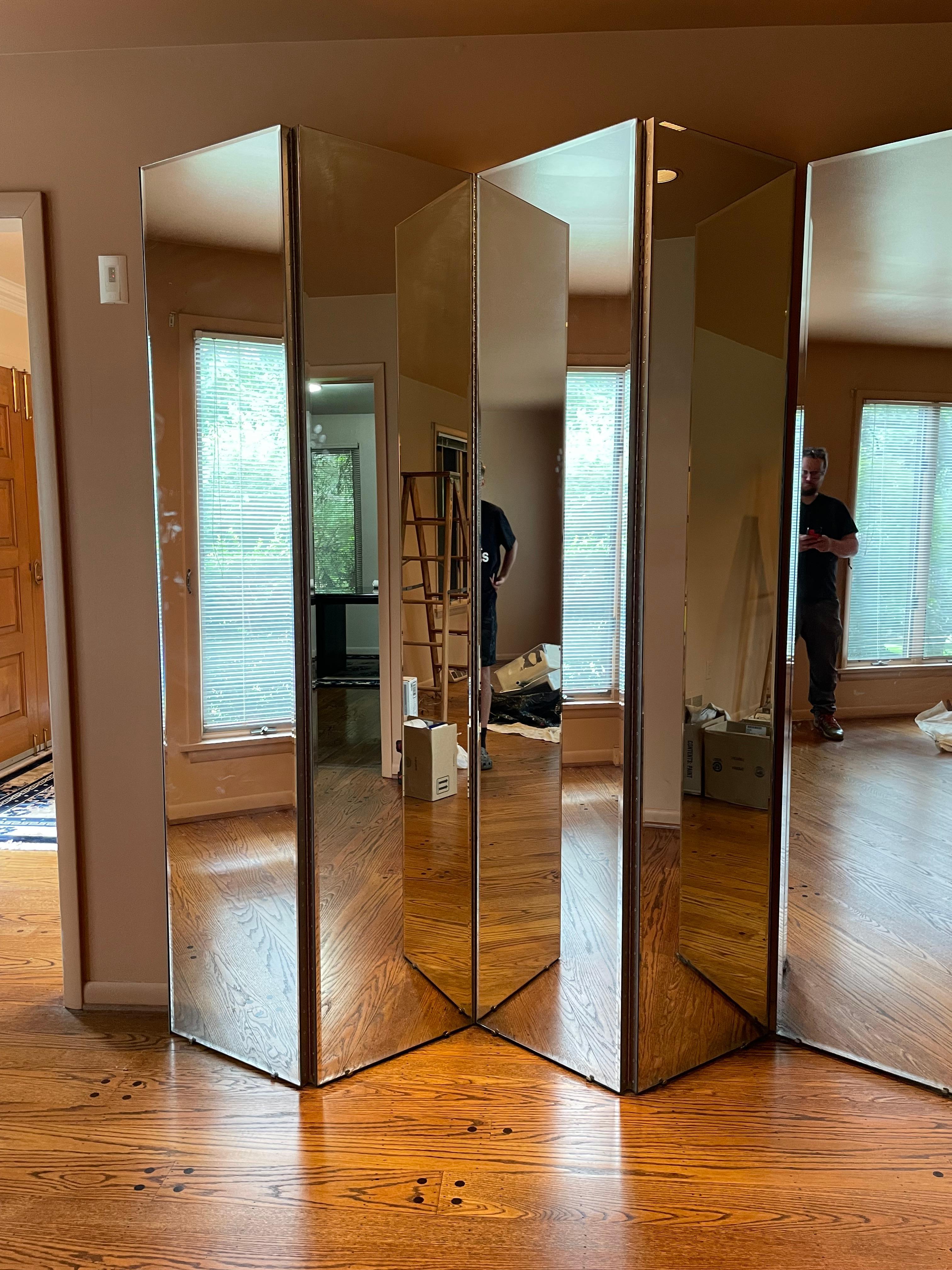 1980s Vintage Beveled Hinged Mirror Room Divider   In Good Condition In Bensalem, PA