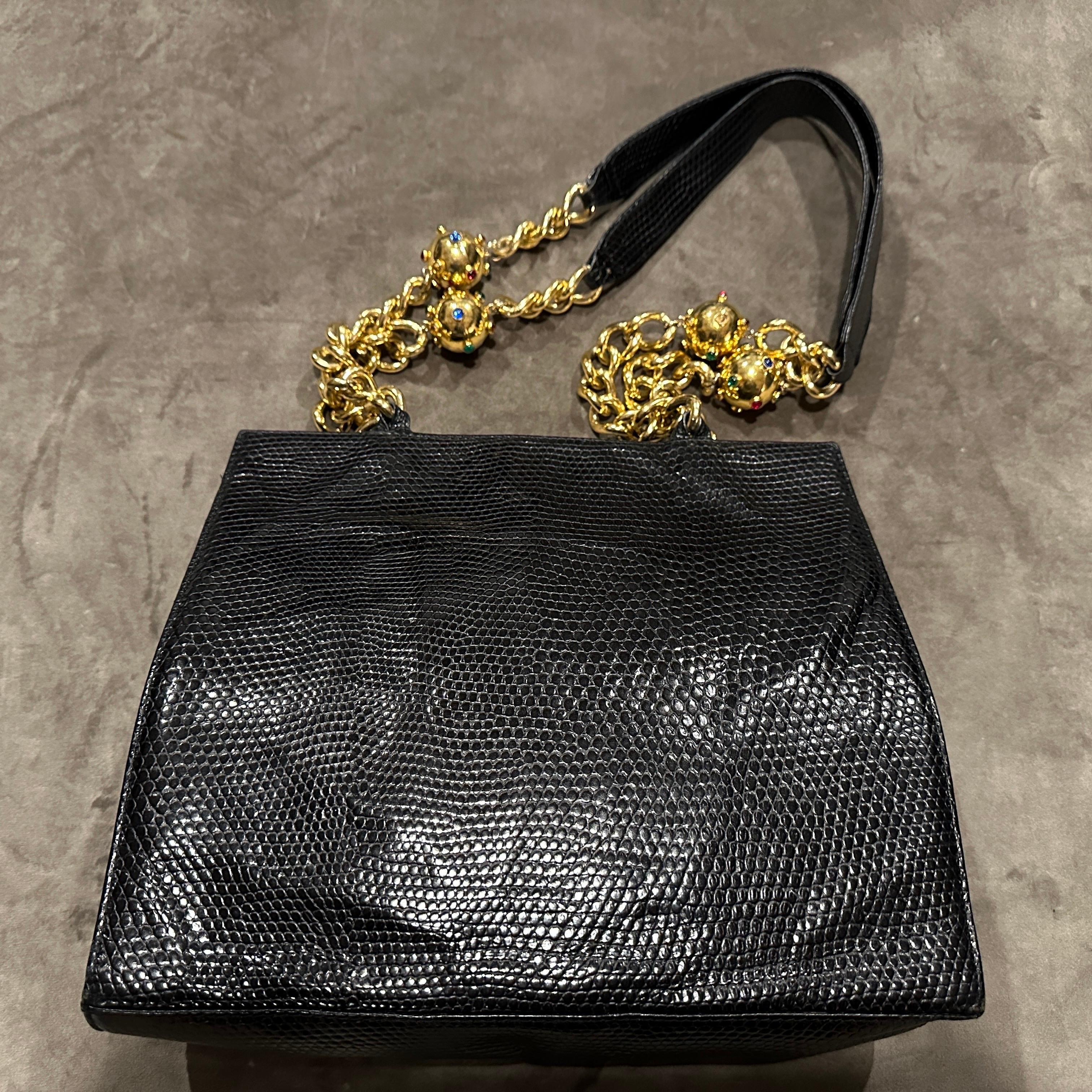 1980s Vintage Black Leather and Costume Jewelry Chain Italian Shoulder Bag For Sale 6