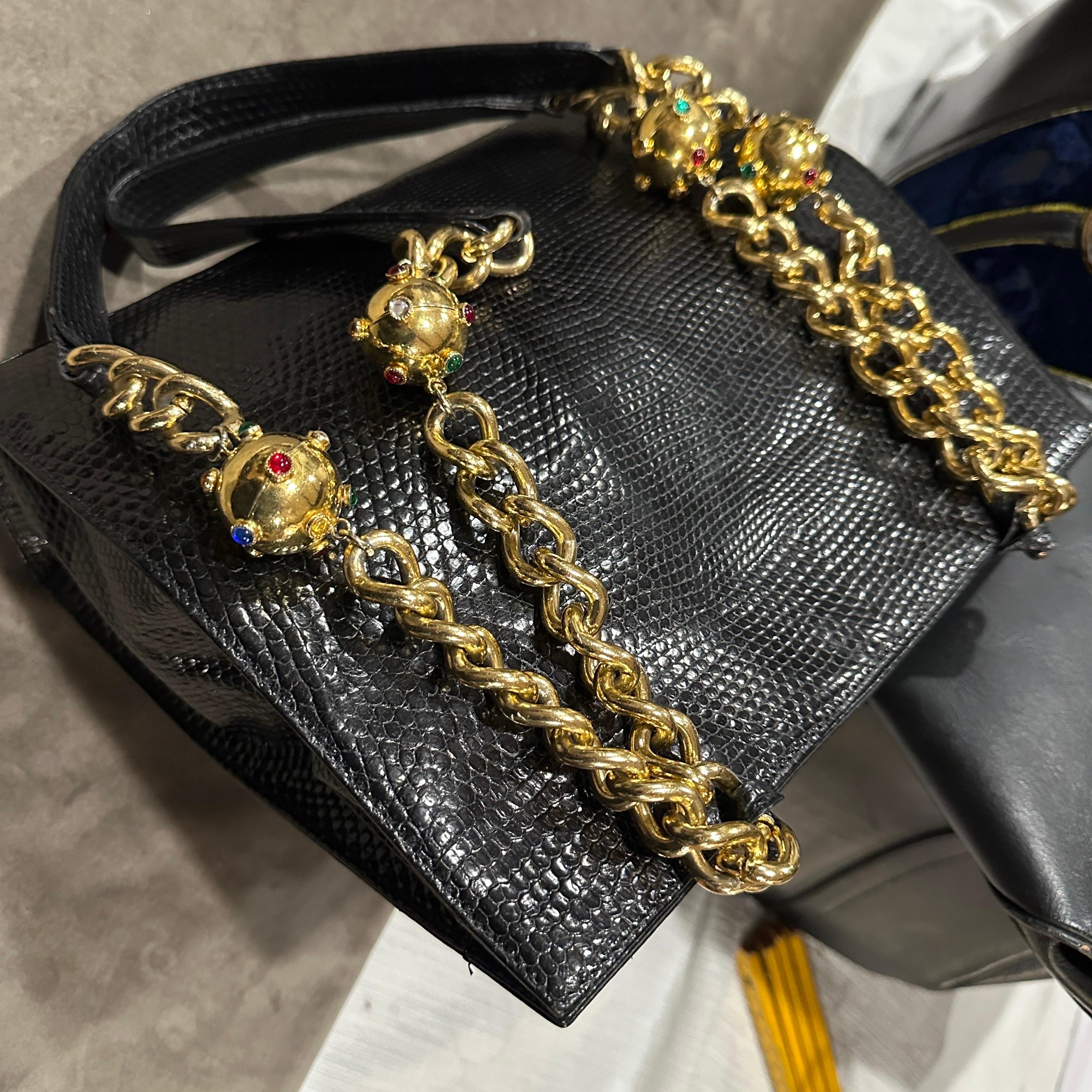 1980s Vintage Black Leather and Costume Jewelry Chain Italian Shoulder Bag For Sale 7