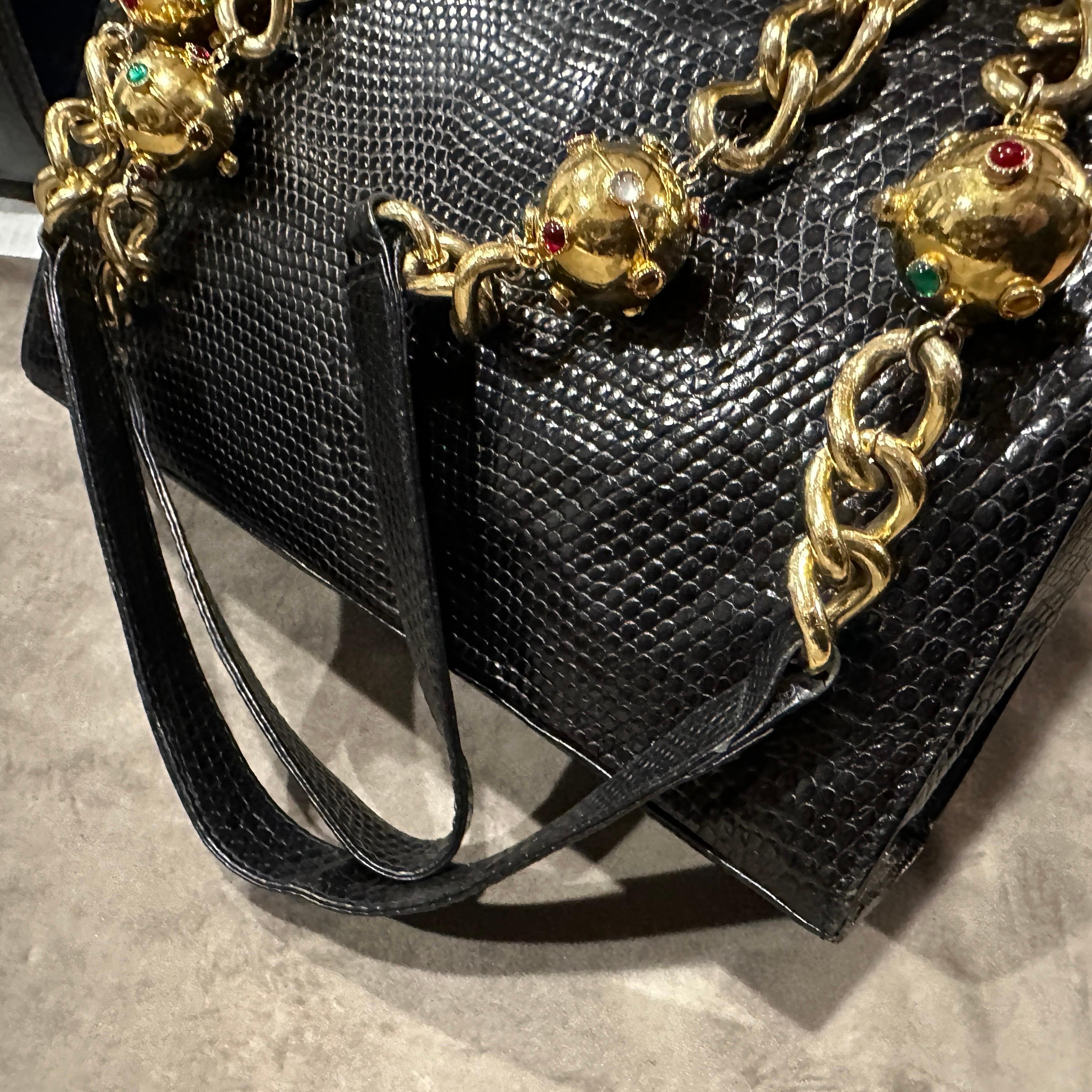 1980s Vintage Black Leather and Costume Jewelry Chain Italian Shoulder Bag For Sale 8