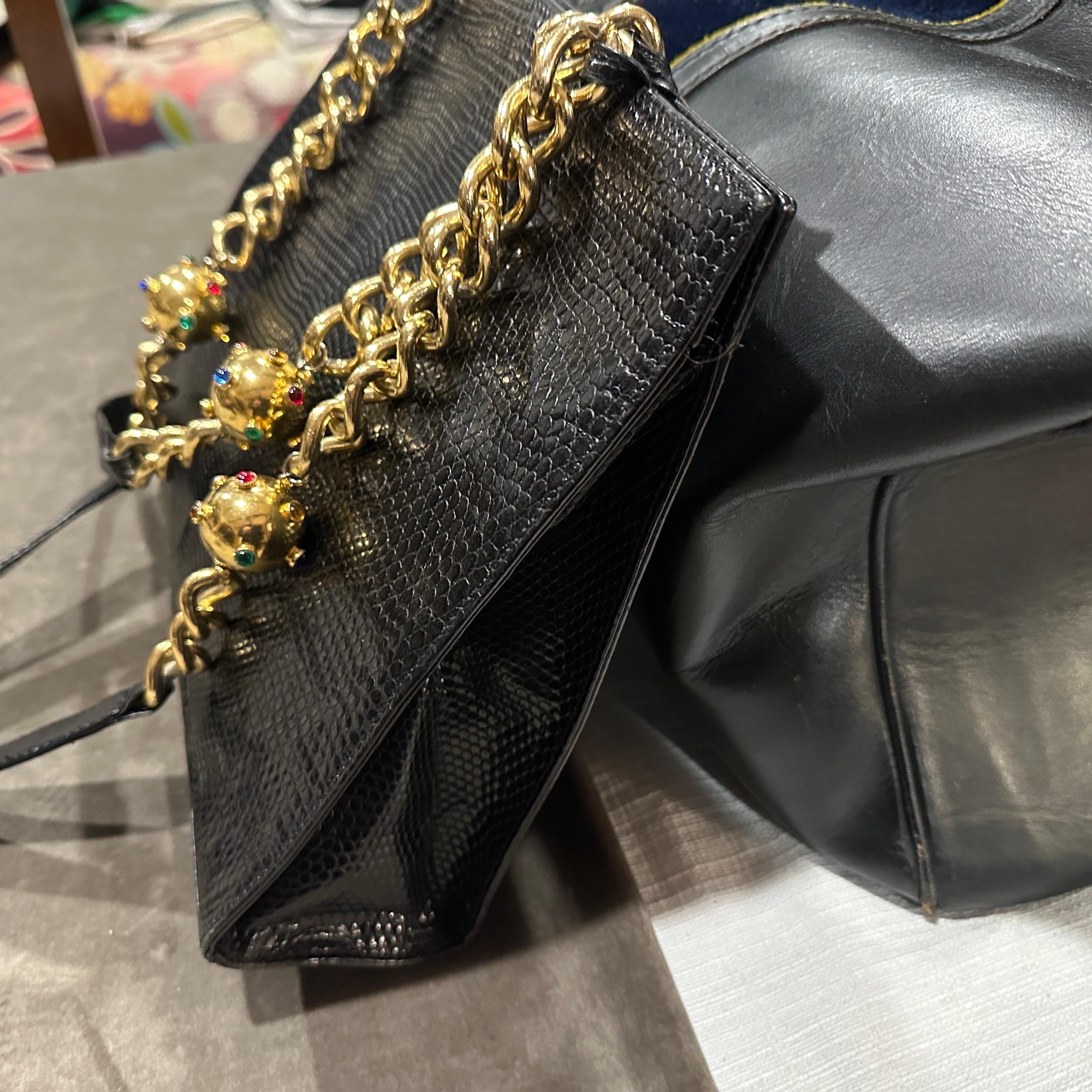 1980s Vintage Black Leather and Costume Jewelry Chain Italian Shoulder Bag For Sale 9
