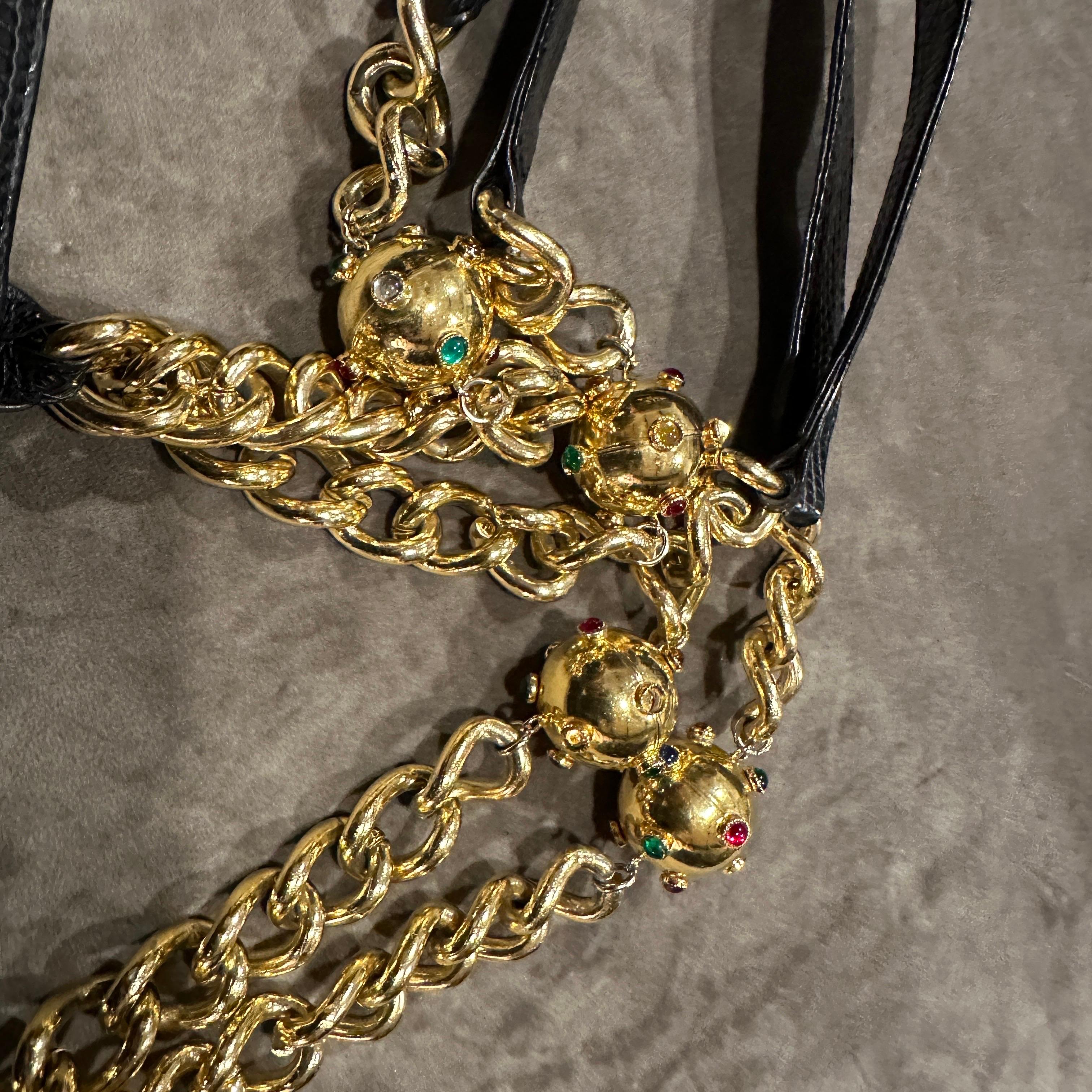 Women's 1980s Vintage Black Leather and Costume Jewelry Chain Italian Shoulder Bag For Sale