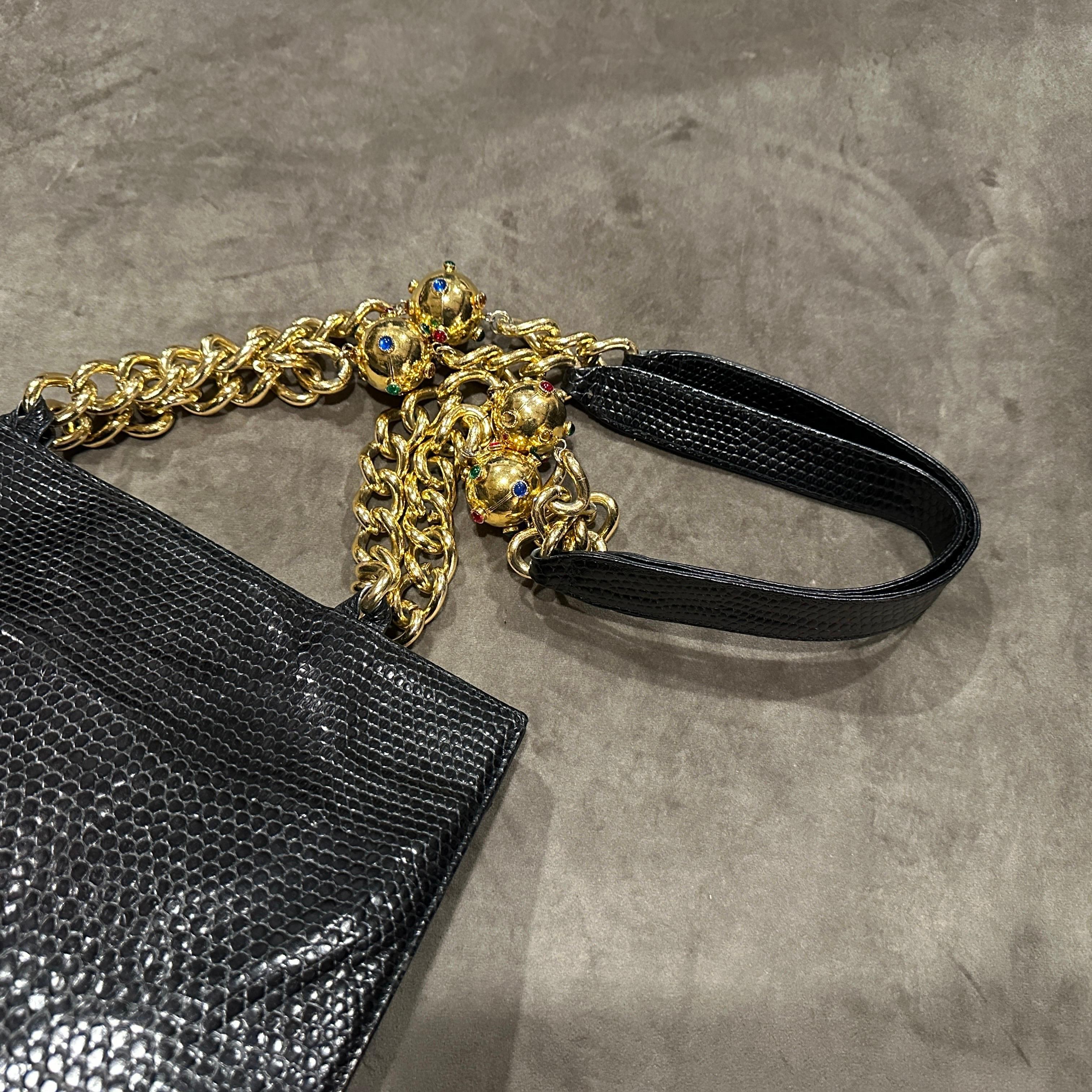 1980s Vintage Black Leather and Costume Jewelry Chain Italian Shoulder Bag For Sale 1