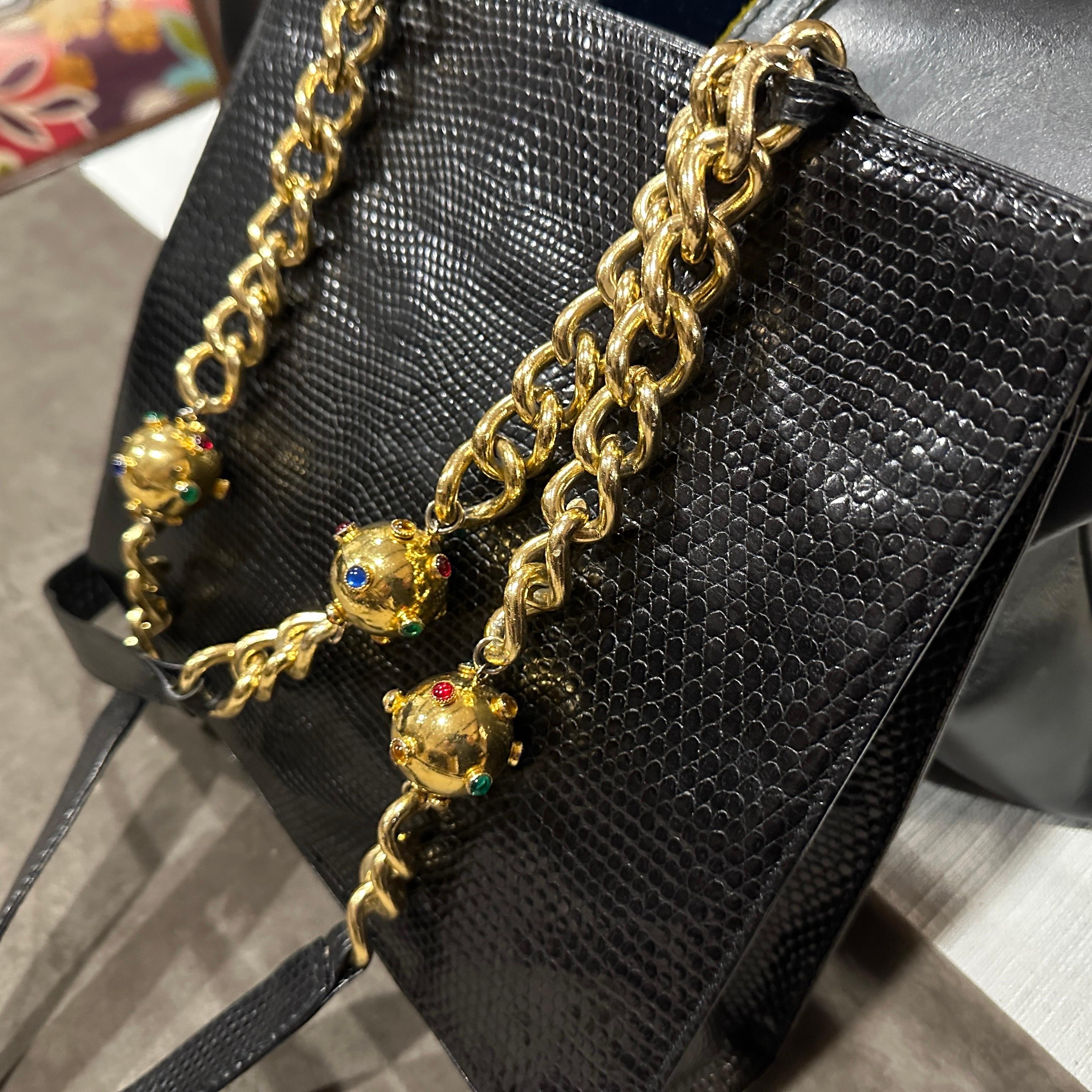 1980s Vintage Black Leather and Costume Jewelry Chain Italian Shoulder Bag For Sale 3