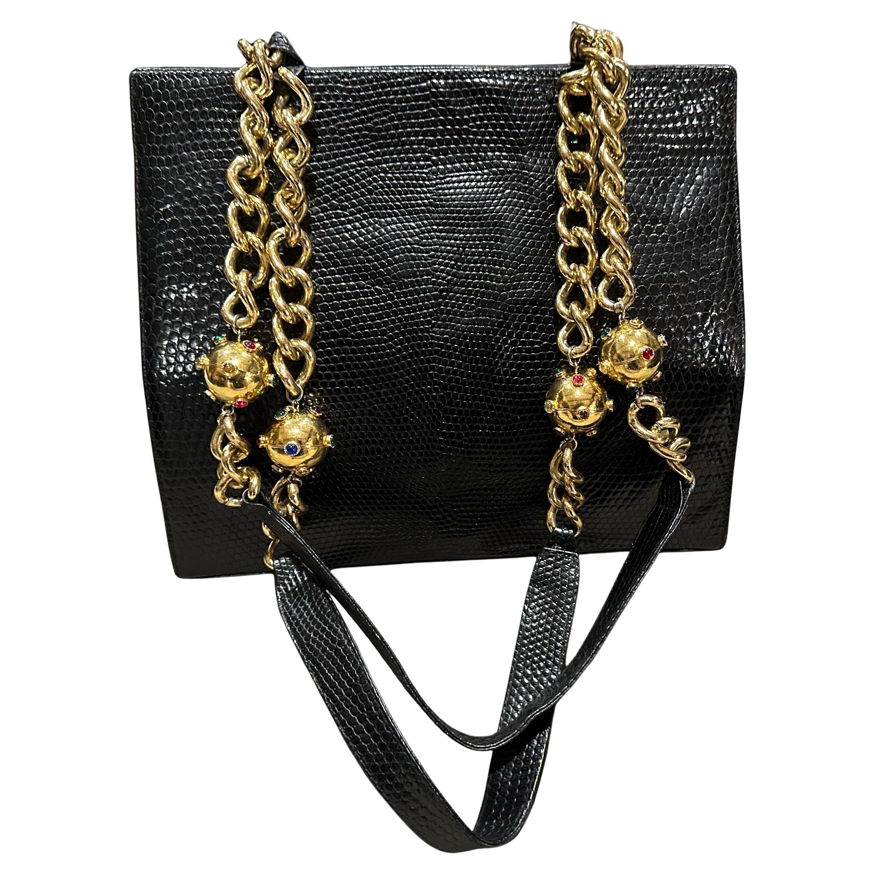 1980s Vintage Black Leather and Costume Jewelry Chain Italian Shoulder Bag For Sale
